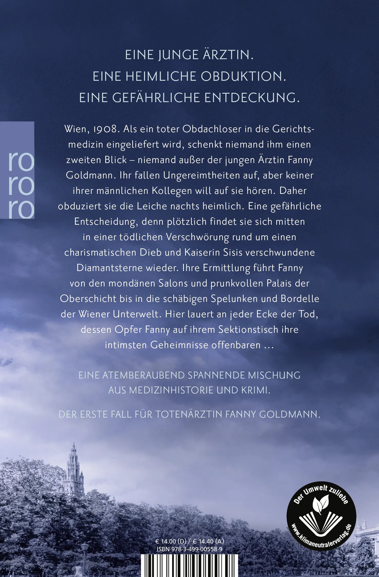 Buchrückseite von 'Die Totenärztin: Wiener Blut' mit Klappentext - Taschenbuch