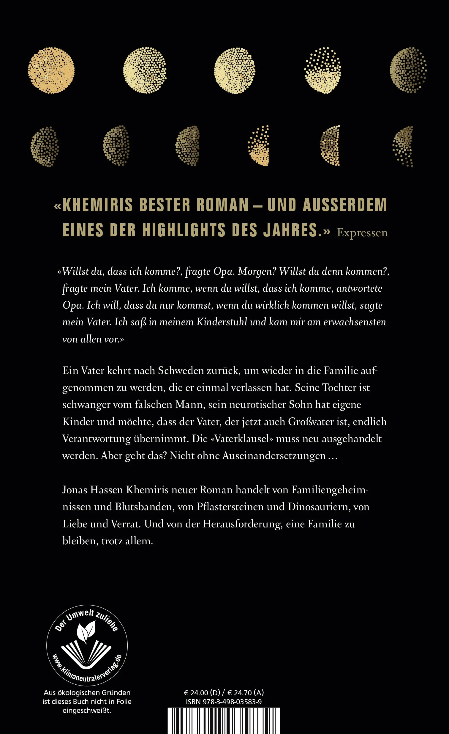 Buchrückseite von 'Die Vaterklausel' mit Klappentext - Gebundene Ausgabe