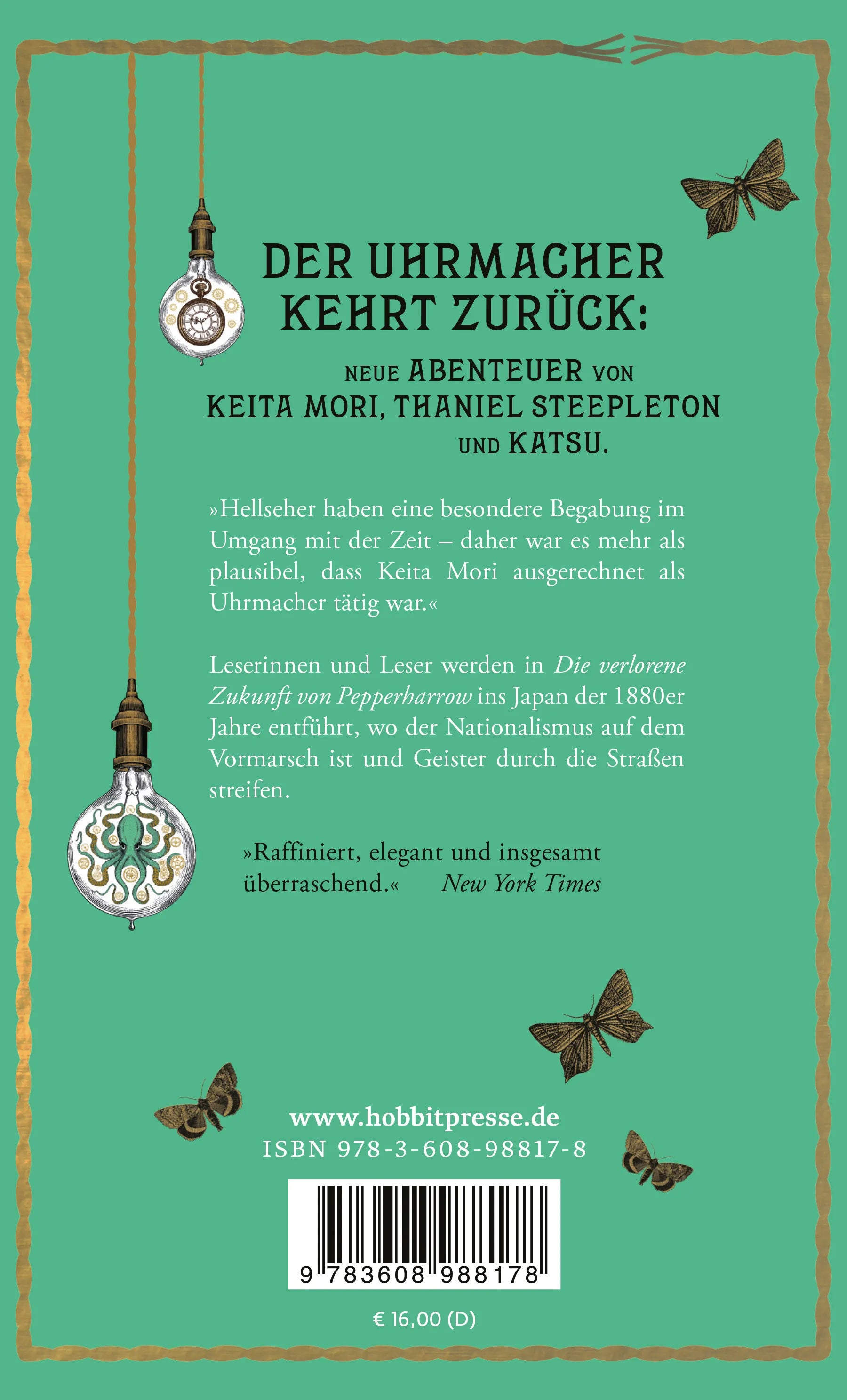 Buchrückseite von 'Die verlorene Zukunft von Pepperharrow' mit Klappentext - Taschenbuch