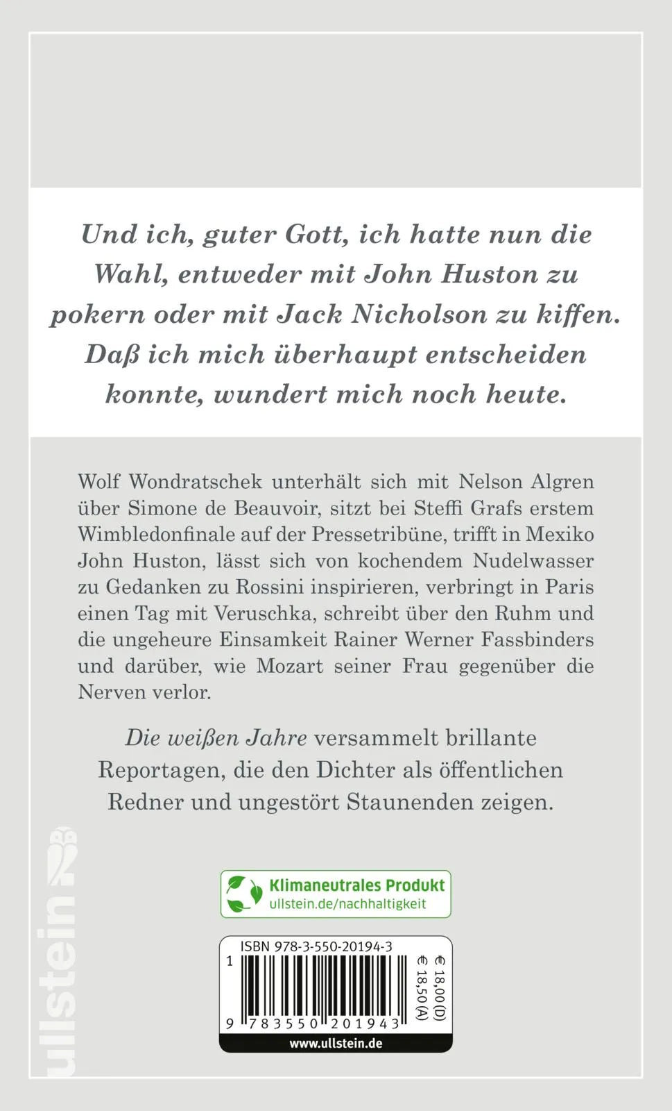 Buchrückseite von 'Die weißen Jahre' mit Klappentext - Taschenbuch