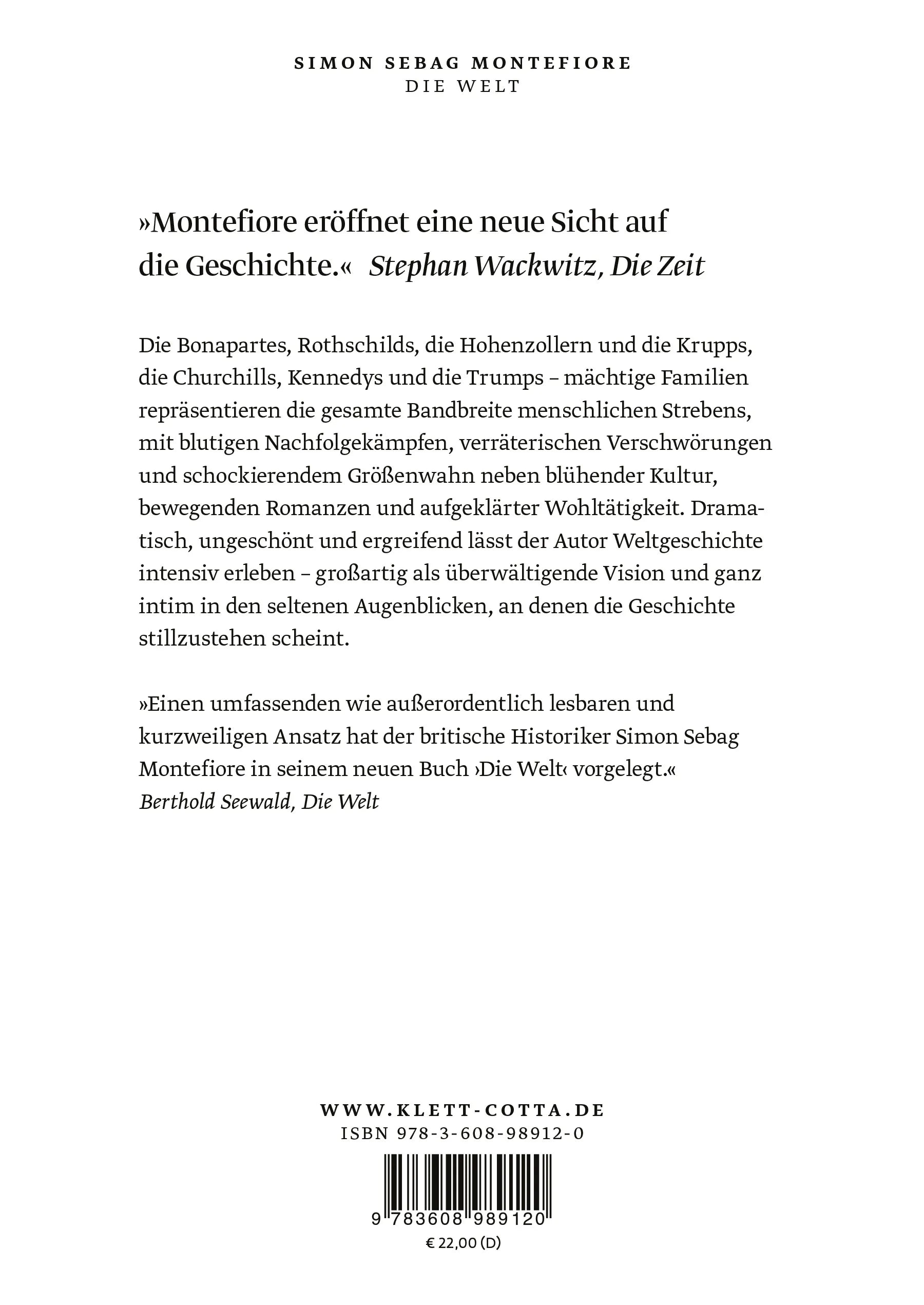 Buchrückseite von 'Die Welt. Eine Familiengeschichte der Menschheit' mit Klappentext - Taschenbuch