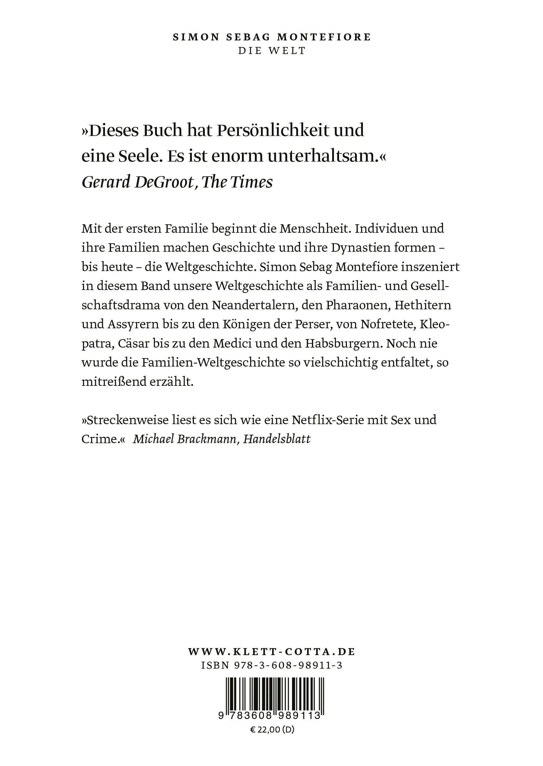 Buchrückseite von 'Die Welt. Eine Familiengeschichte der Menschheit' mit Klappentext - Taschenbuch