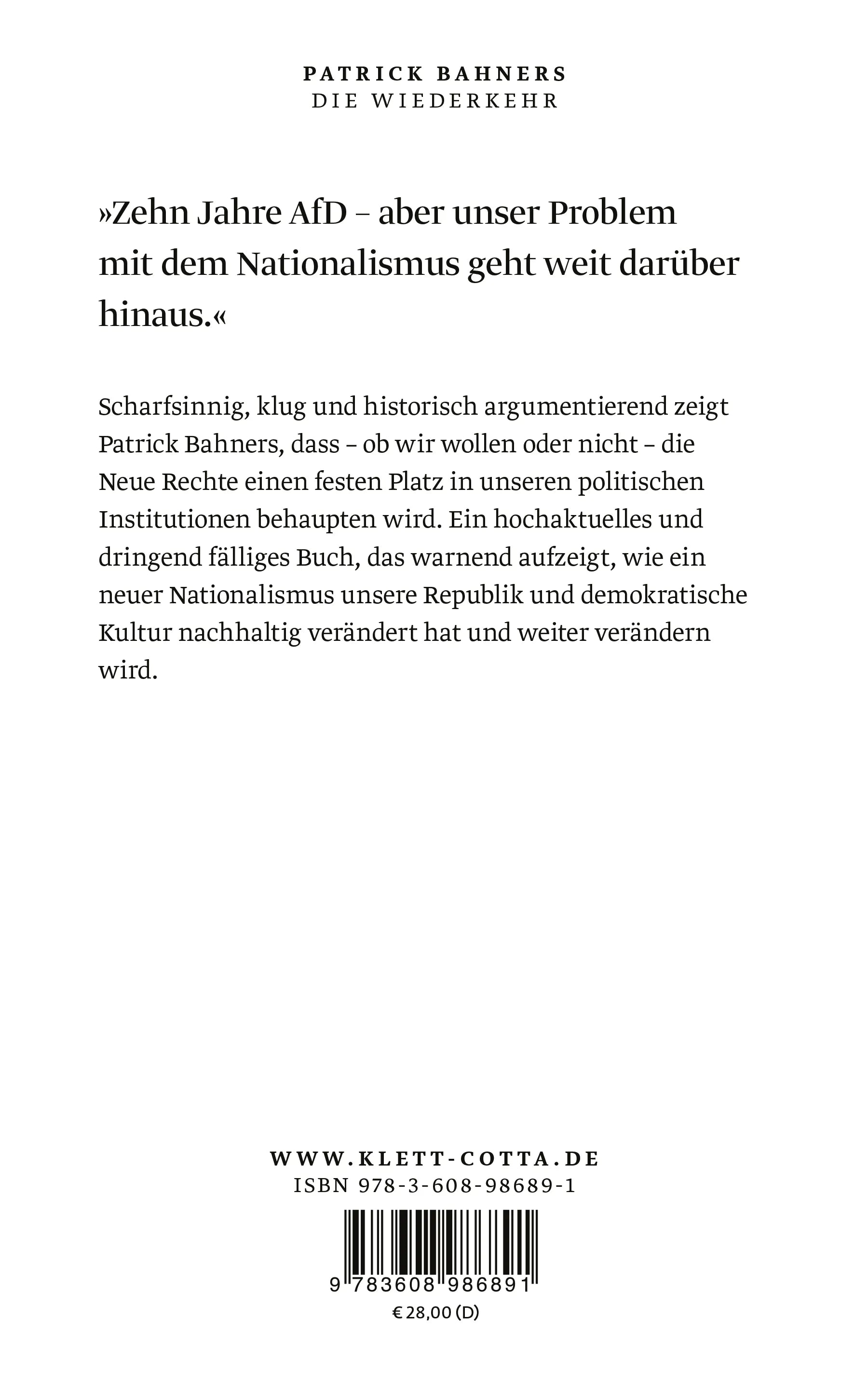 Buchrückseite von 'Die Wiederkehr' mit Klappentext - Gebundene Ausgabe