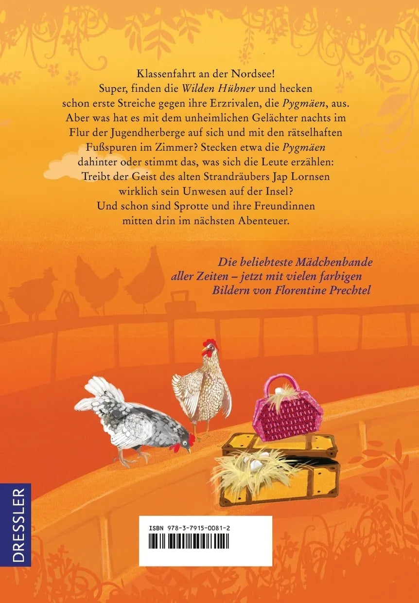 Buchrückseite von 'Die Wilden Hühner 2. Die Wilden Hühner auf Klassenfahrt. Neu illustriert von Florentine Prechtel' mit Klappentext - Gebundene Ausgabe