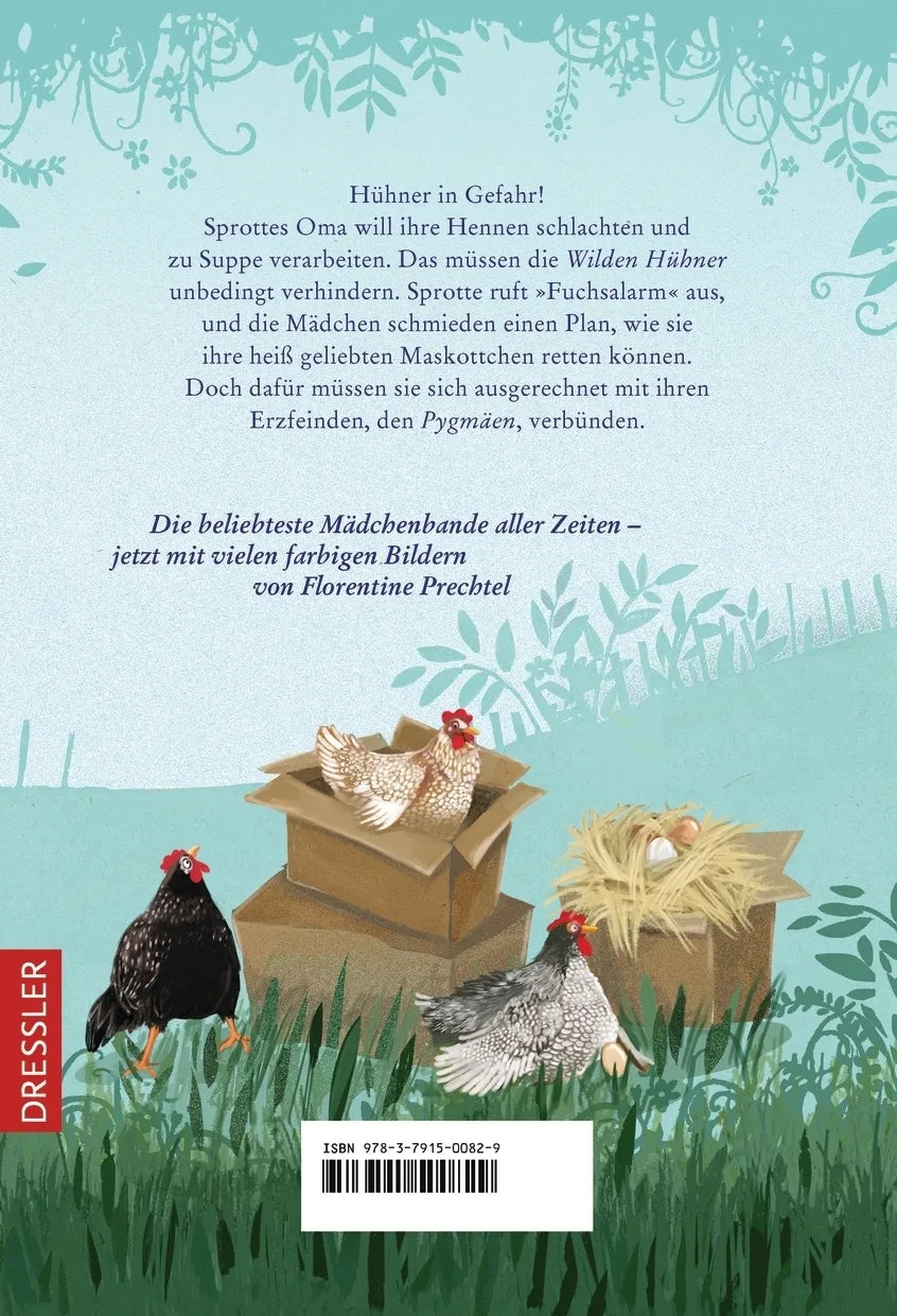 Buchrückseite von 'Die Wilden Hühner 3. Fuchsalarm. Neu illustriert von Florentine Prechtel' mit Klappentext - Gebundene Ausgabe