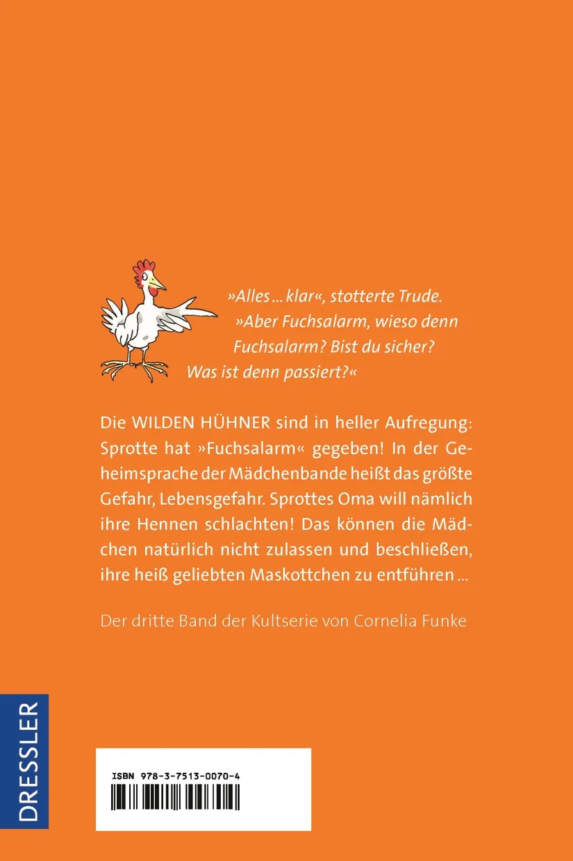 Buchrückseite von 'Die Wilden Hühner 3. Fuchsalarm' mit Klappentext - Taschenbuch