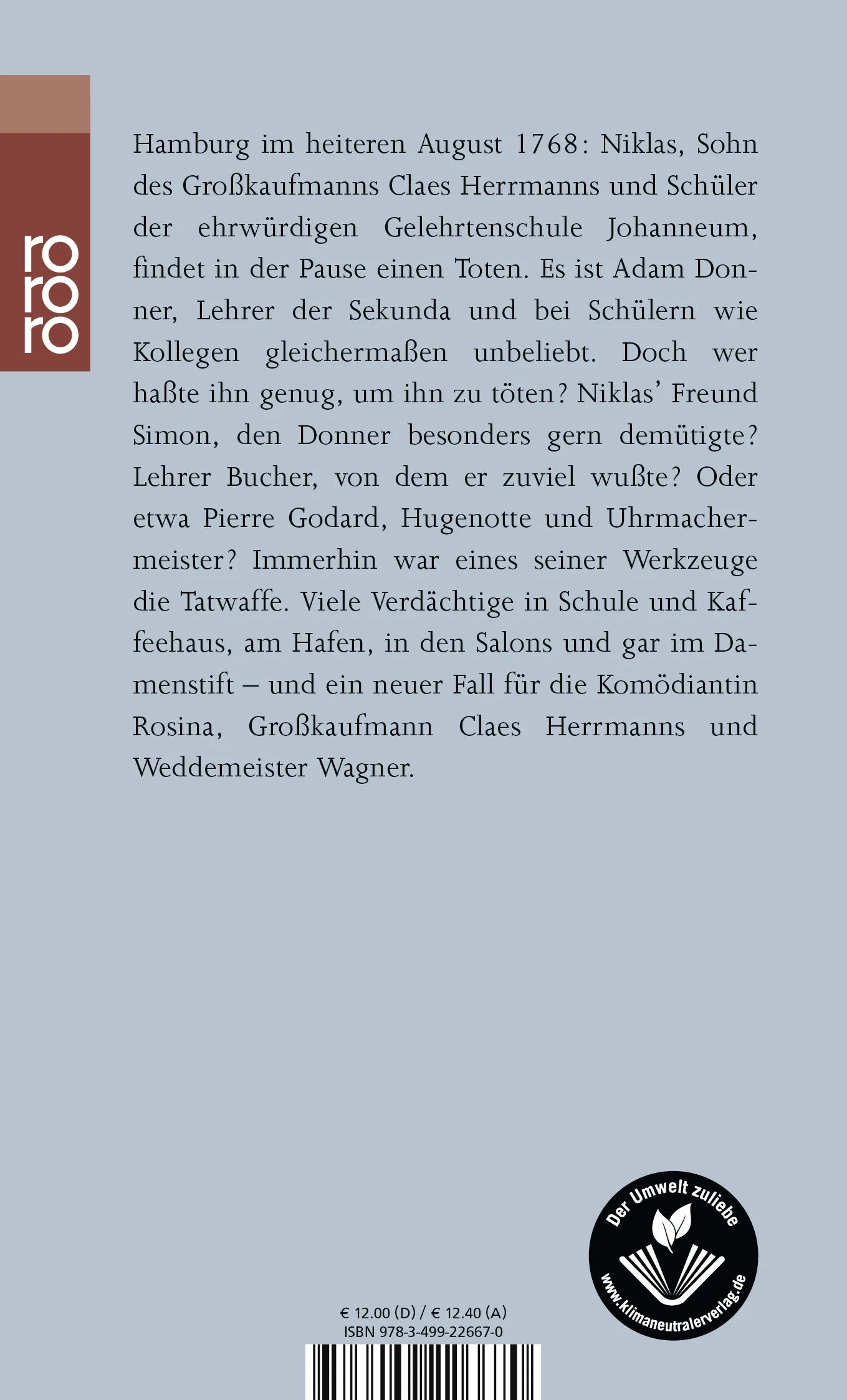 Buchrückseite von 'Die zerbrochene Uhr' mit Klappentext - Taschenbuch