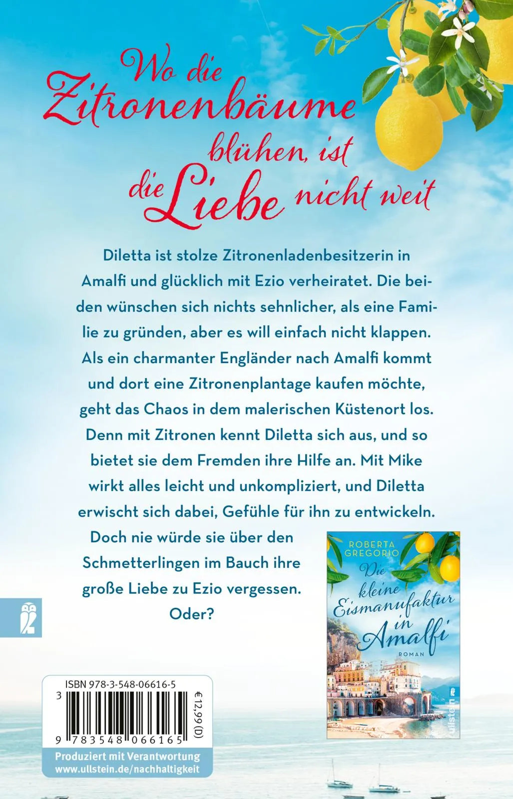Buchrückseite von 'Die Zitronenblüten von Amalfi' mit Klappentext - Taschenbuch