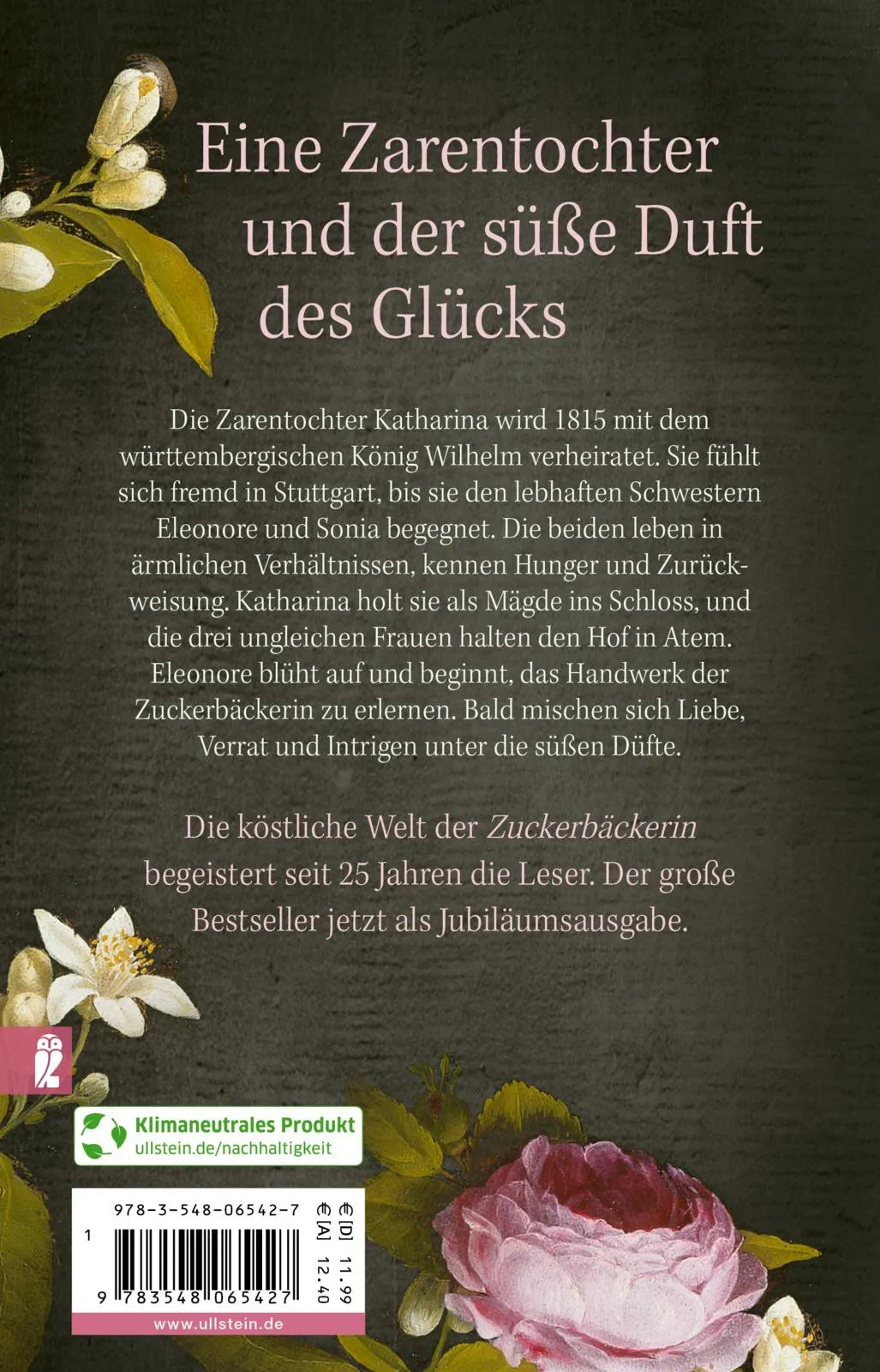 Buchrückseite von 'Die Zuckerbäckerin' mit Klappentext - Taschenbuch