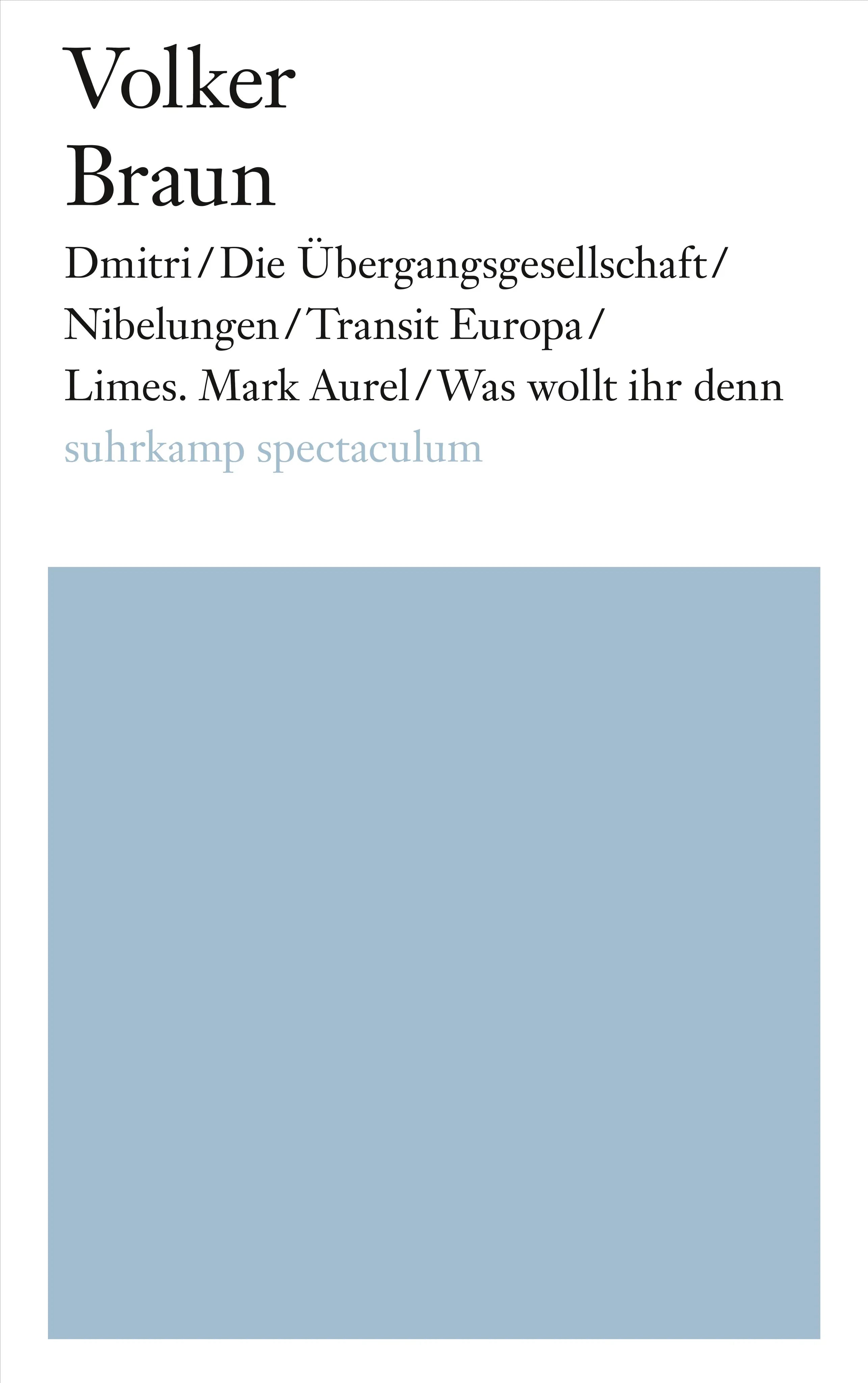 Buchcover von 'Dmitri/Die Übergangsgesellschaft/Nibelungen/Transit Europa/Limes. Mark Aurel/Was wollt ihr denn' - Taschenbuch von Volker Braun