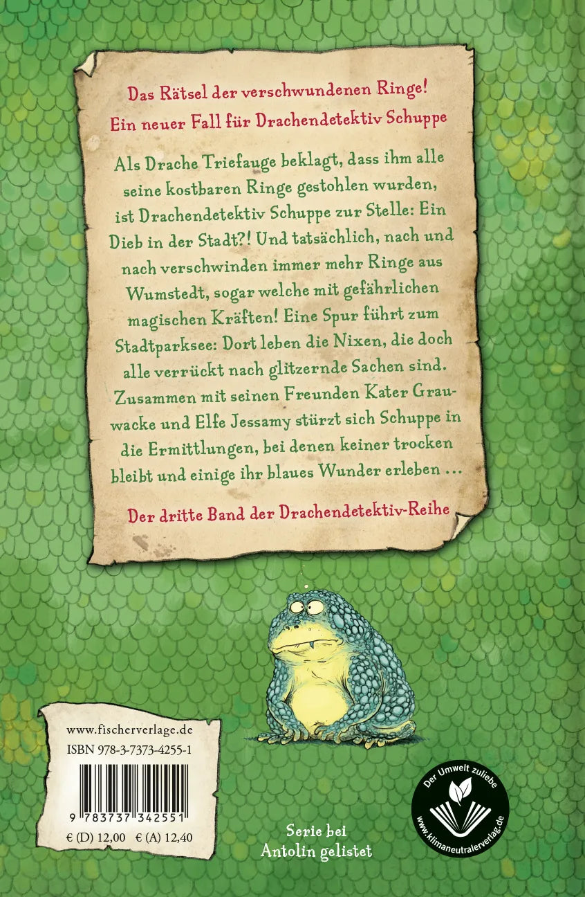 Buchrückseite von 'Drachendetektiv Schuppe – Algensuppe und Nixenspucke' mit Klappentext - Gebundene Ausgabe