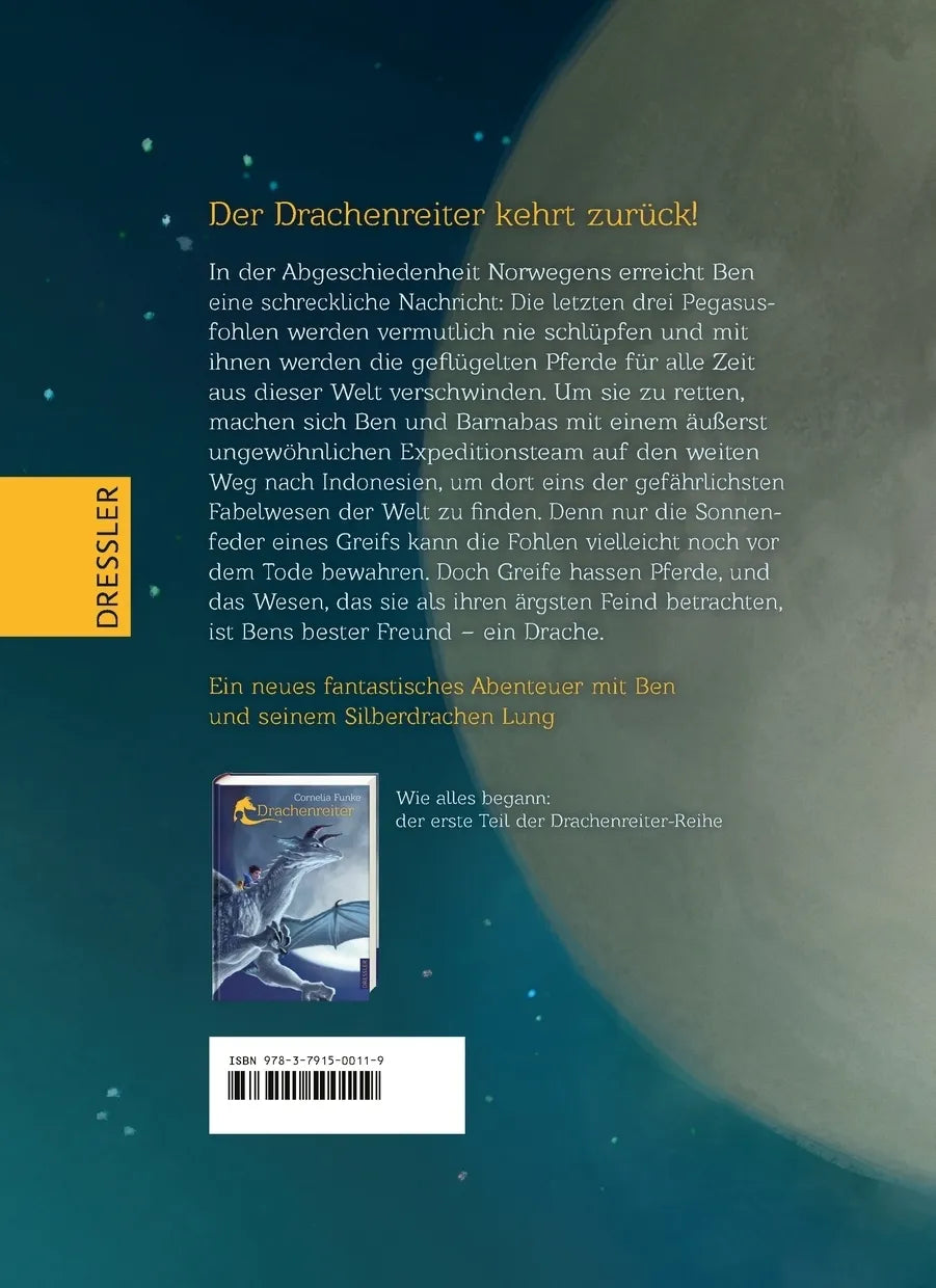 Buchrückseite von 'Drachenreiter 2. Die Feder eines Greifs' mit Klappentext - Gebundene Ausgabe