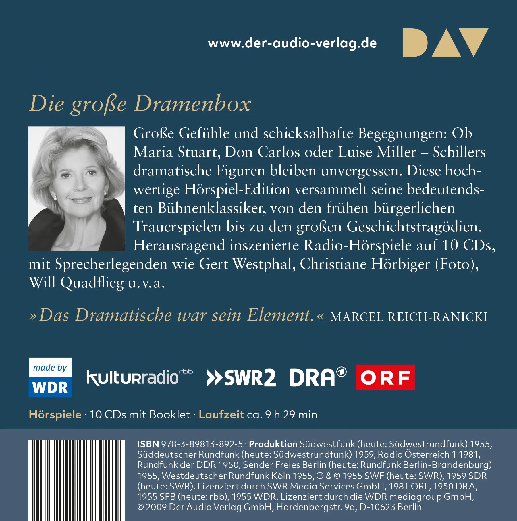 Buchrückseite von 'Dramen. Maria Stuart, Don Carlos, Wilhelm Tell u.v.a.' mit Klappentext - Hörbuch (CD)
