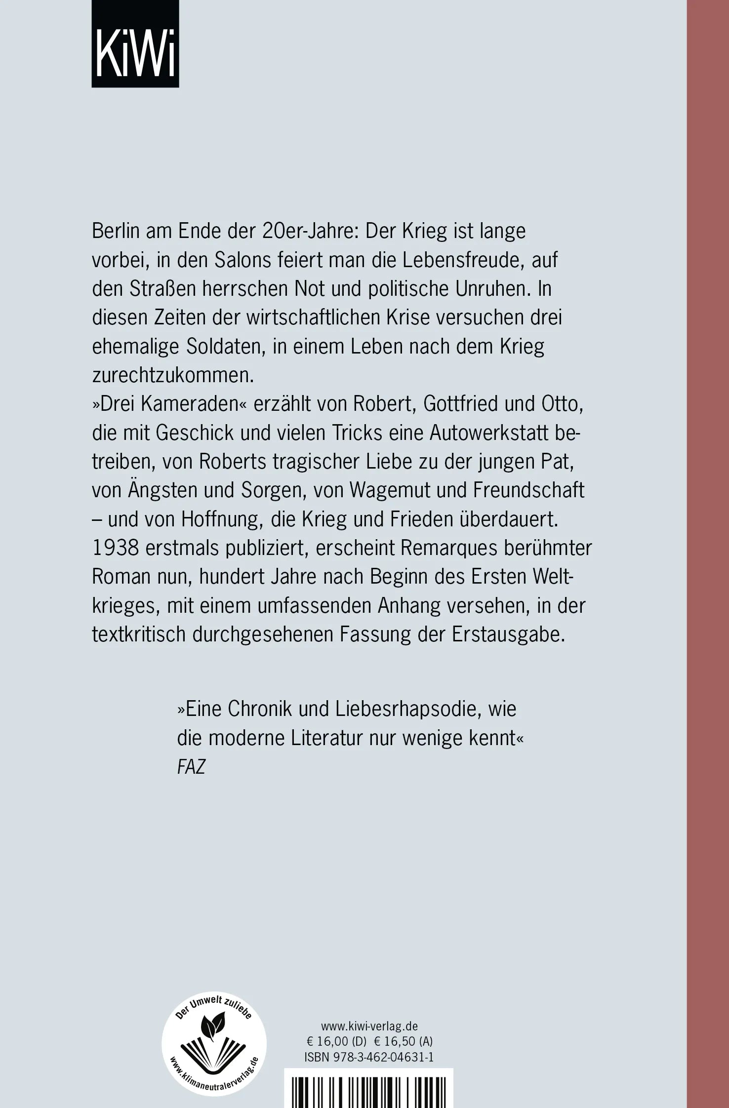 Buchrückseite von 'Drei Kameraden' mit Klappentext - Taschenbuch