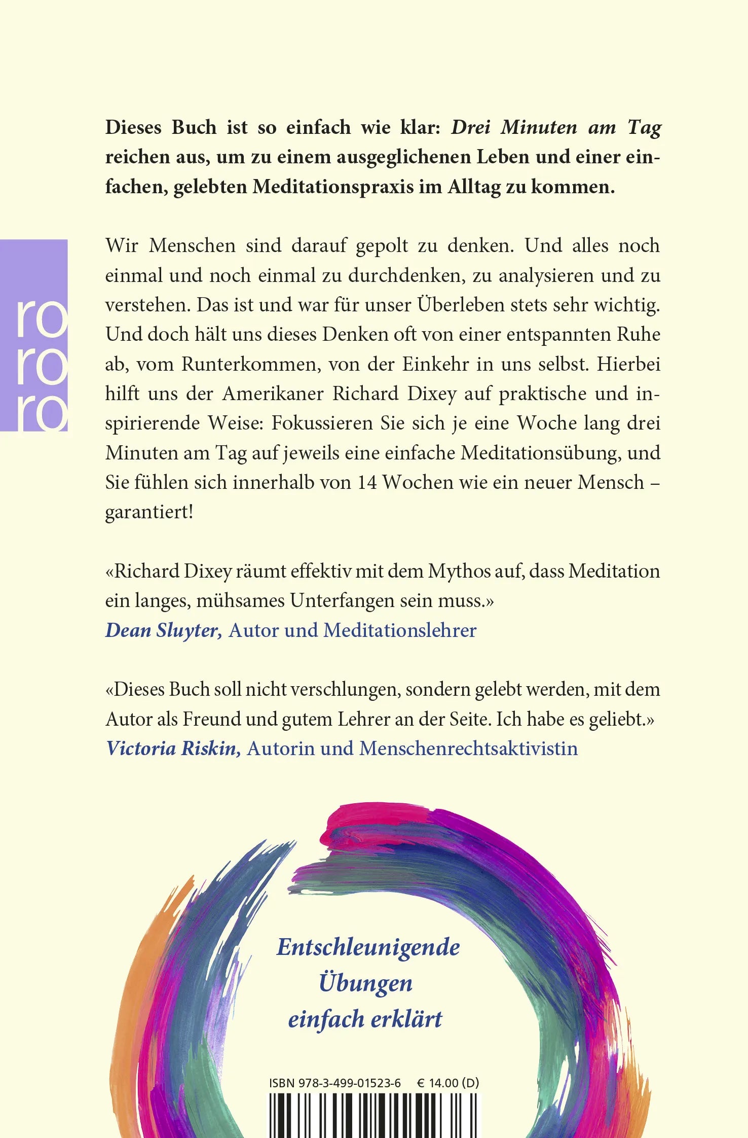Buchrückseite von 'Drei Minuten am Tag' mit Klappentext - Taschenbuch