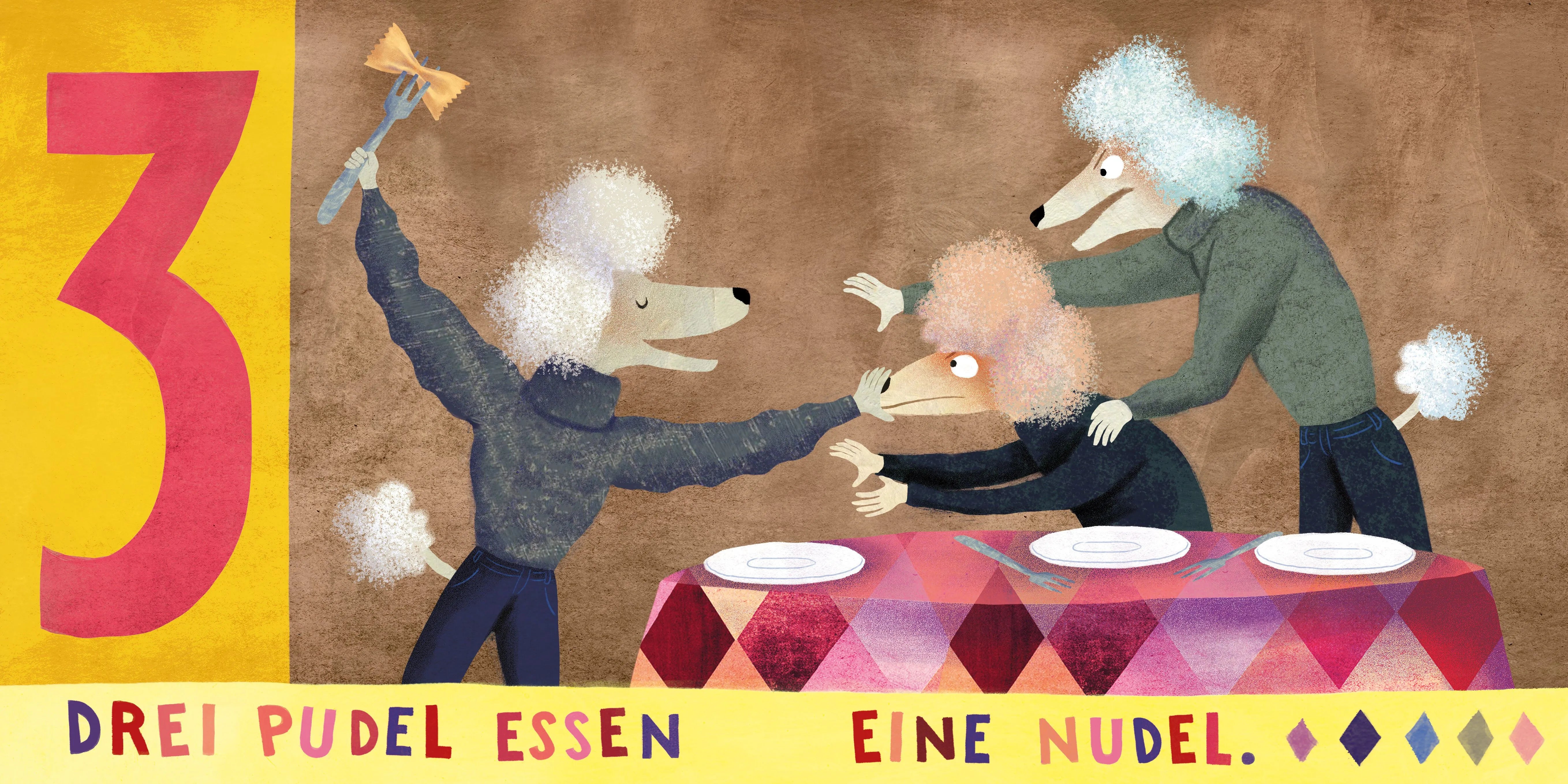 Detailansicht: Drei Pudel essen eine Nudel (Hardcover)