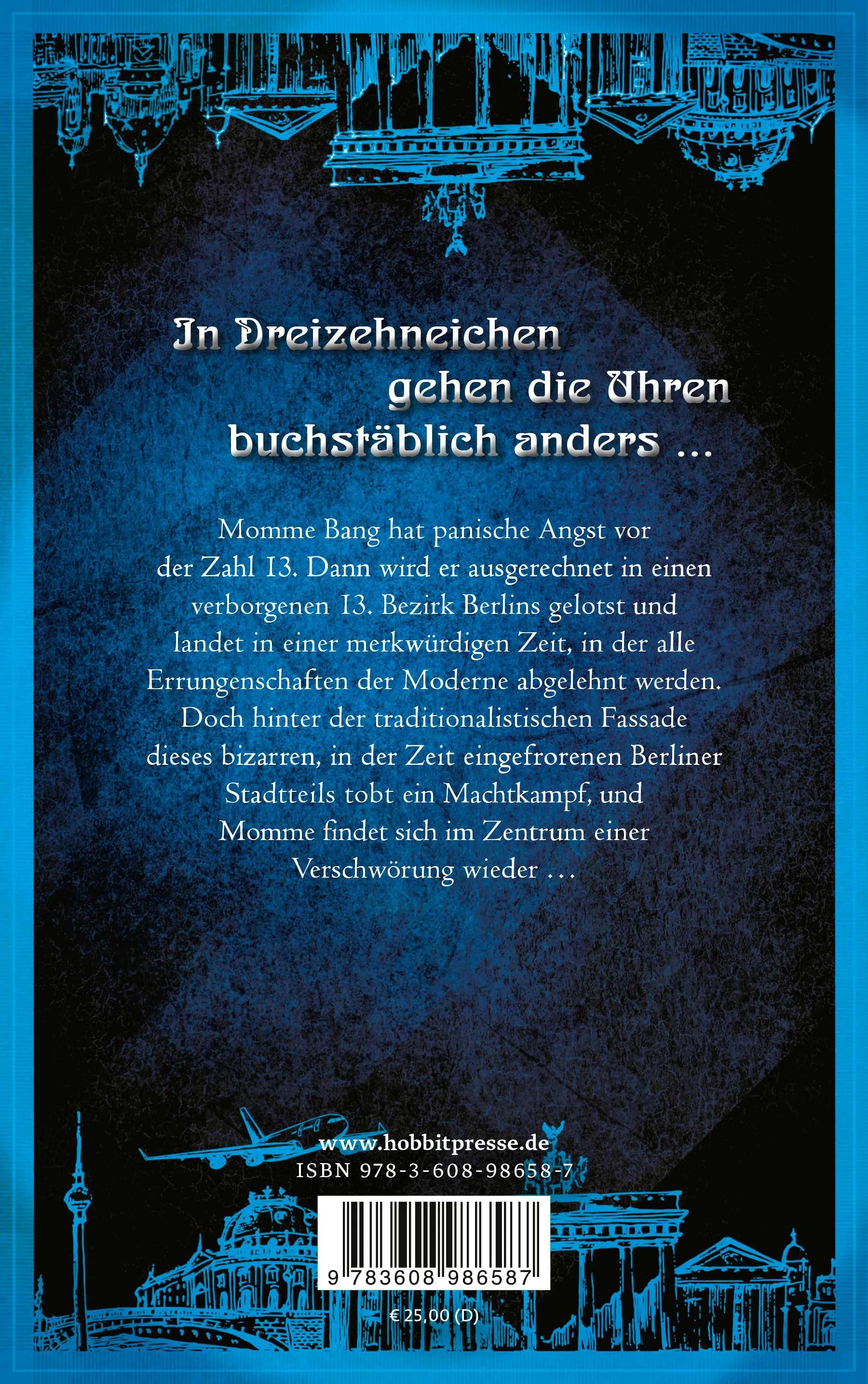 Buchrückseite von 'Dreizehnfurcht' mit Klappentext - Gebundene Ausgabe