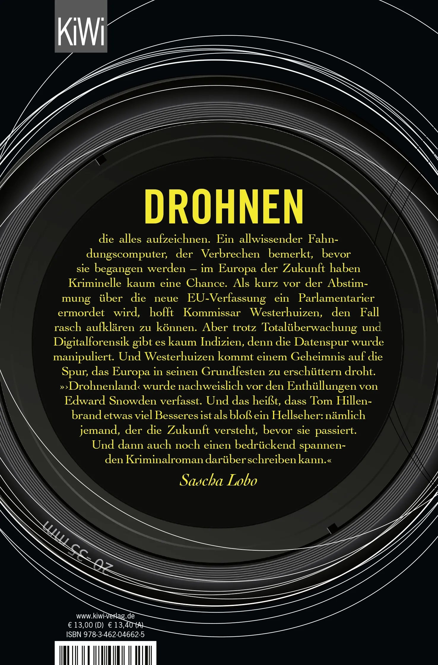 Buchrückseite von 'Drohnenland' mit Klappentext - Taschenbuch