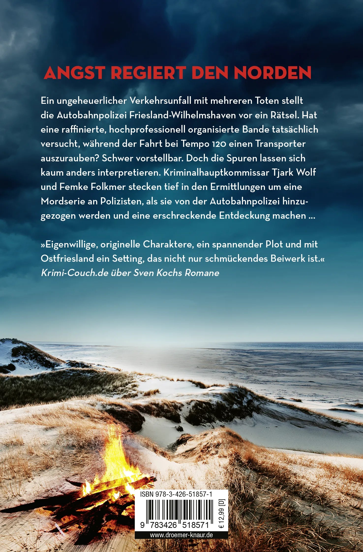 Buchrückseite von 'Dünenfeuer' mit Klappentext - Taschenbuch