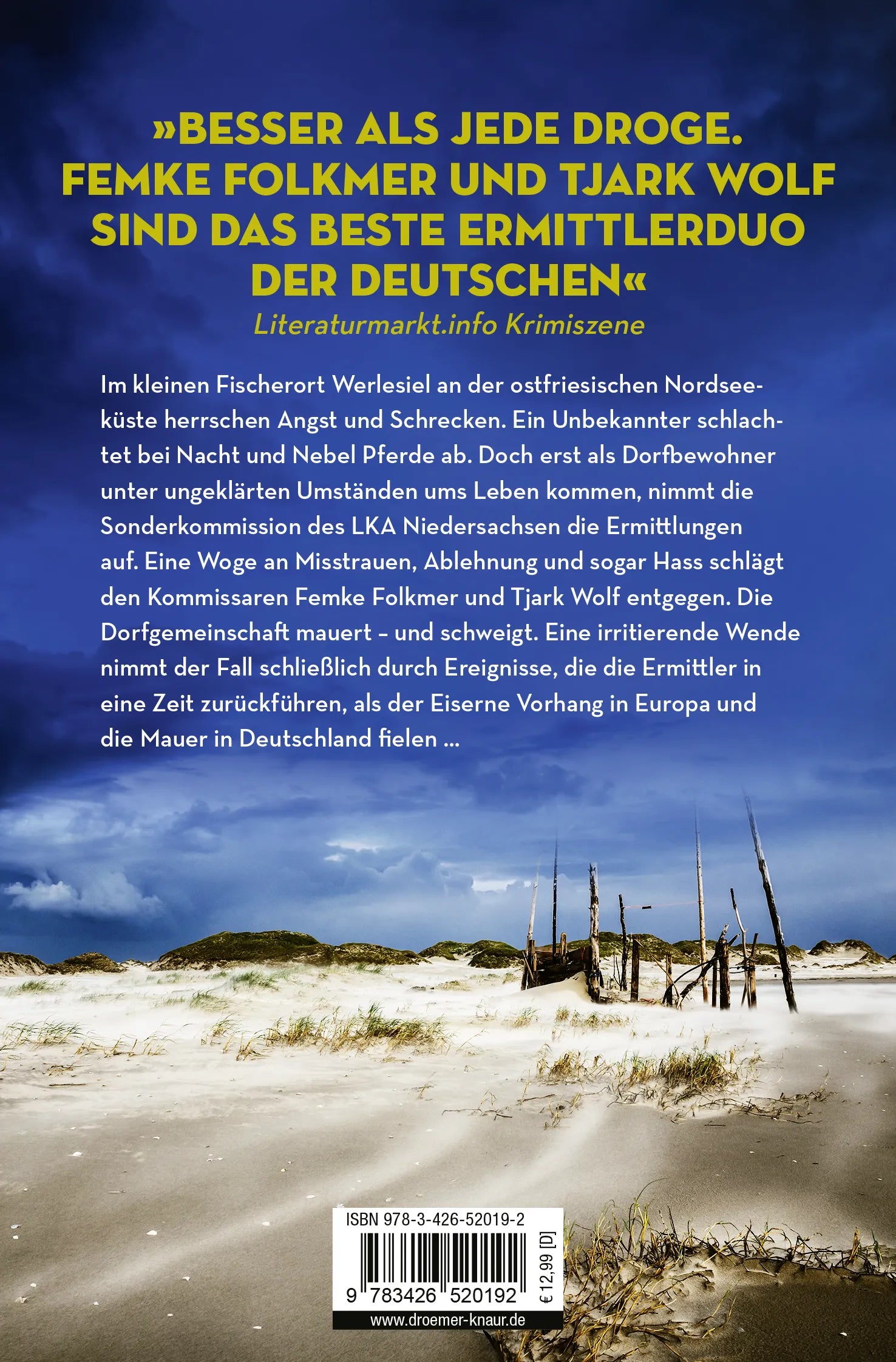 Buchrückseite von 'Dünenfluch' mit Klappentext - Taschenbuch