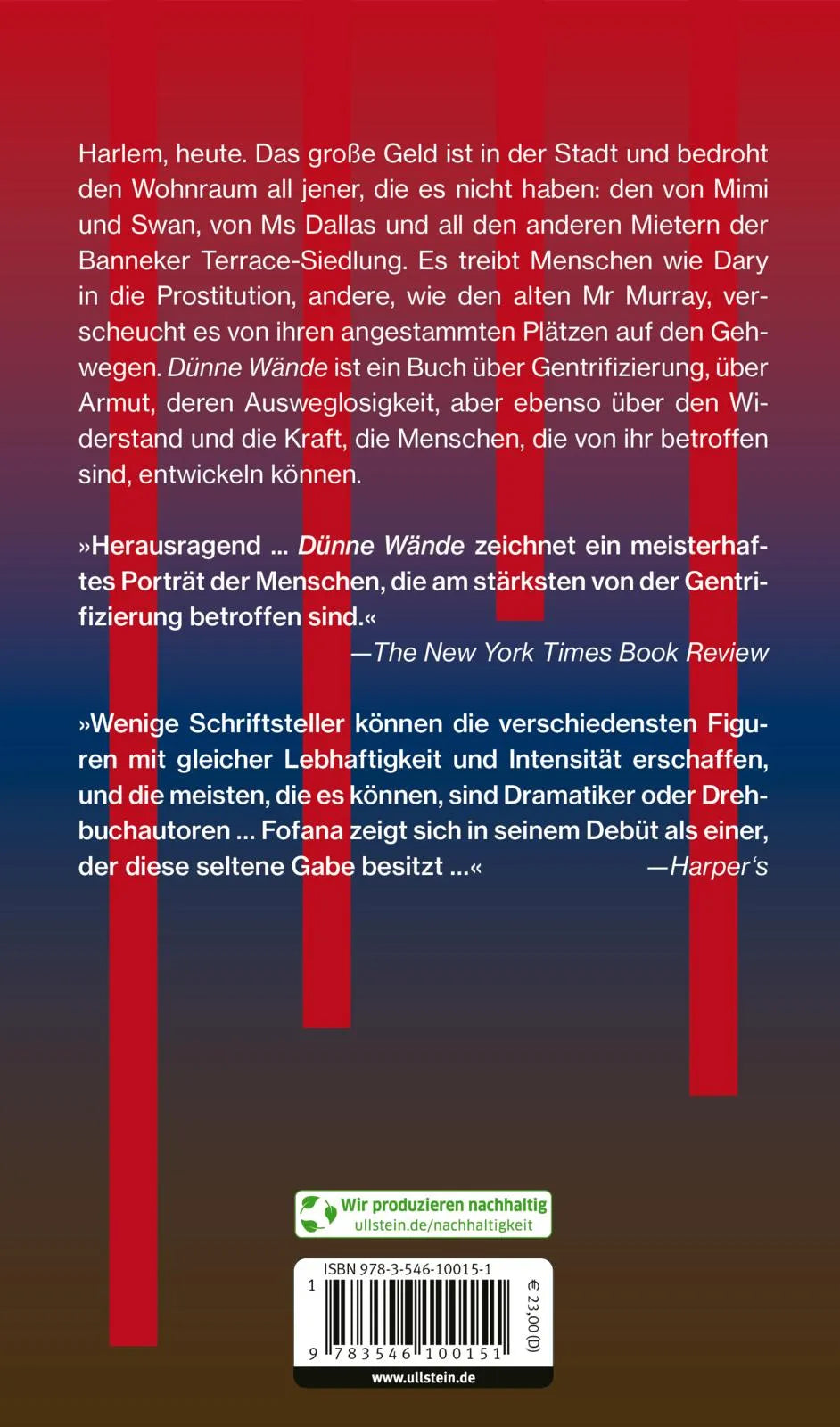 Buchrückseite von 'Dünne Wände' mit Klappentext - Gebundene Ausgabe