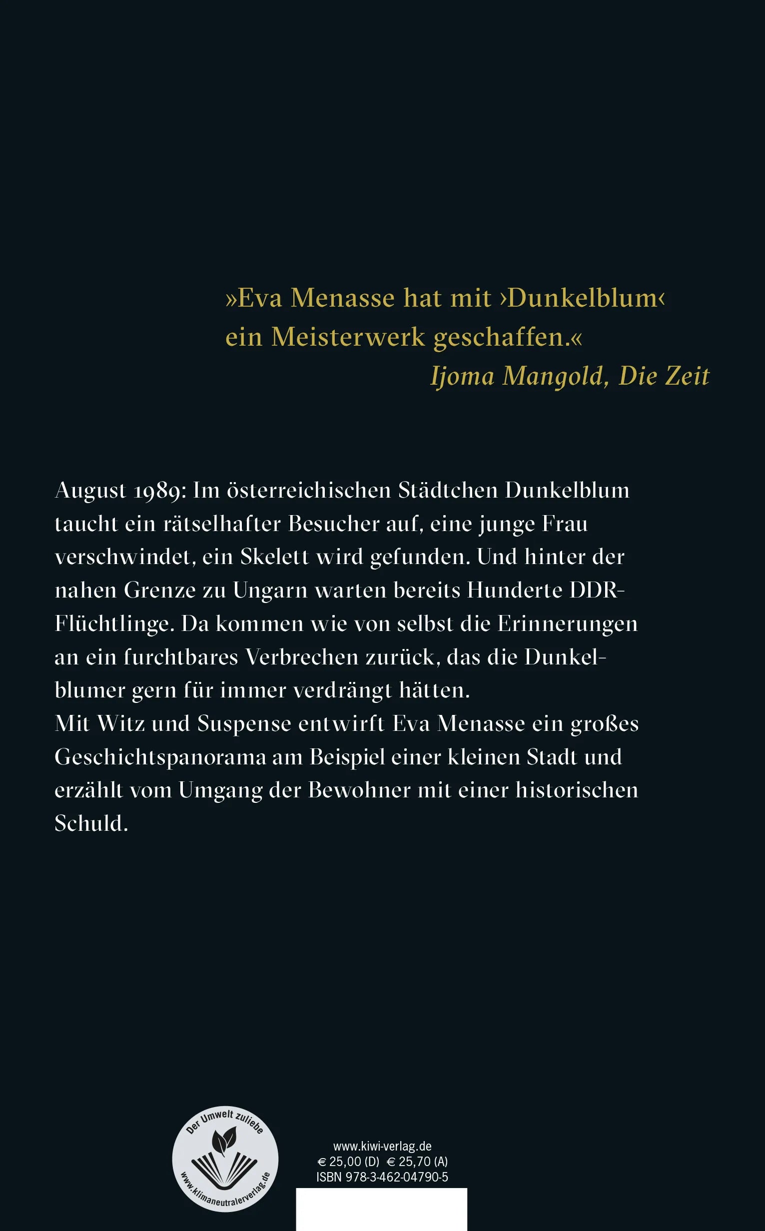 Buchrückseite von 'Dunkelblum' mit Klappentext - Gebundene Ausgabe