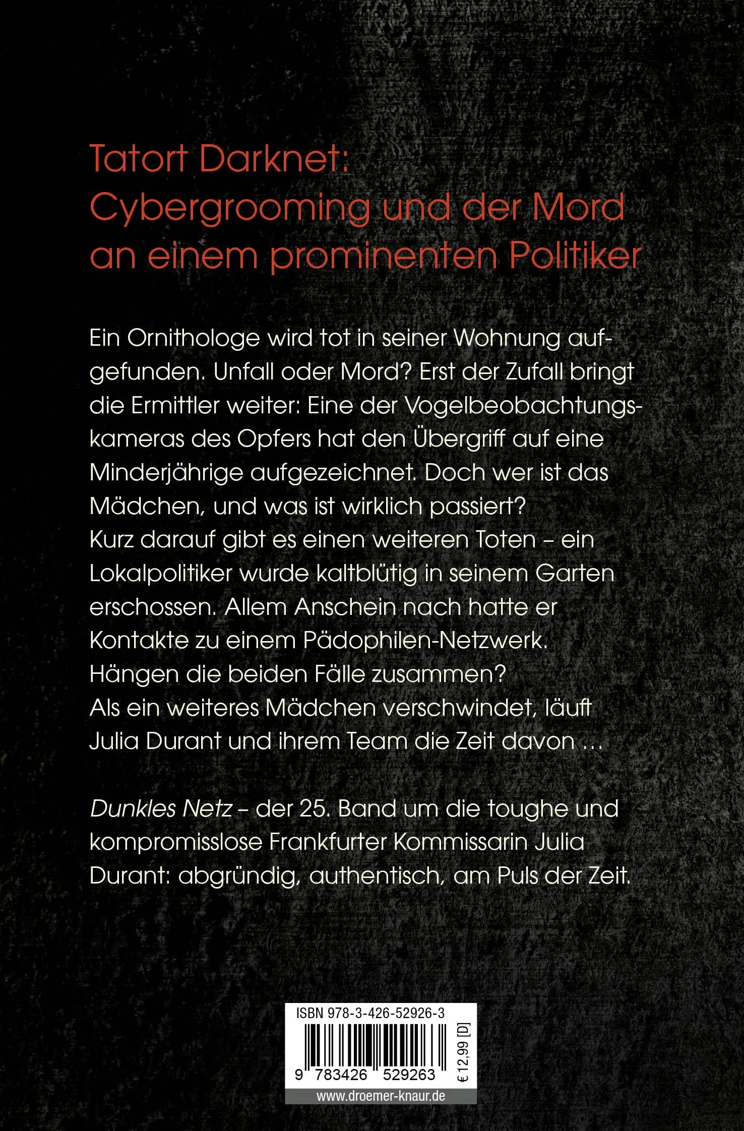 Buchrückseite von 'Dunkles Netz' mit Klappentext - Taschenbuch