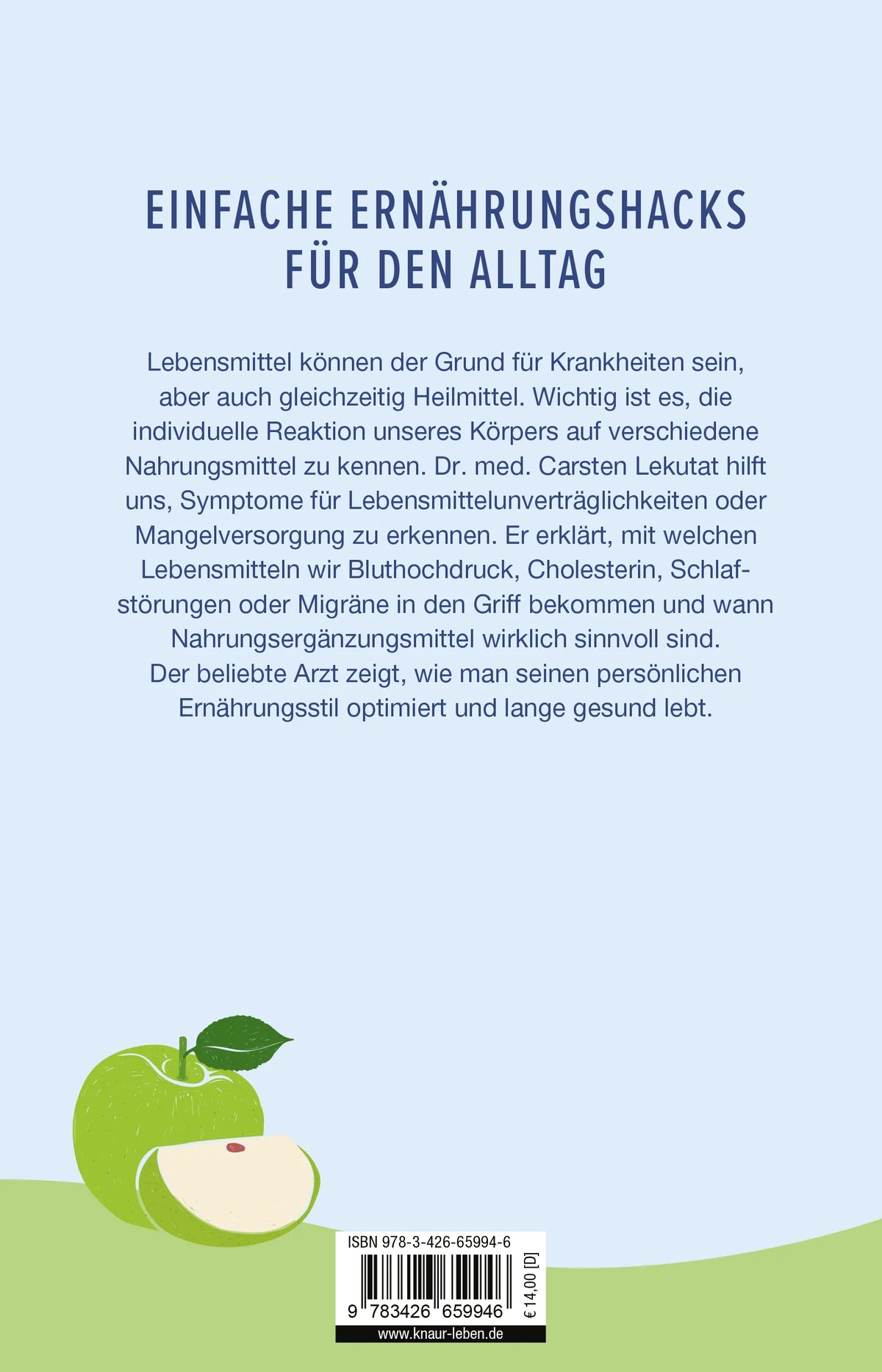 Buchrückseite von 'Ein Apfel macht gesund, drei Äpfel machen eine Fettleber' mit Klappentext - Taschenbuch