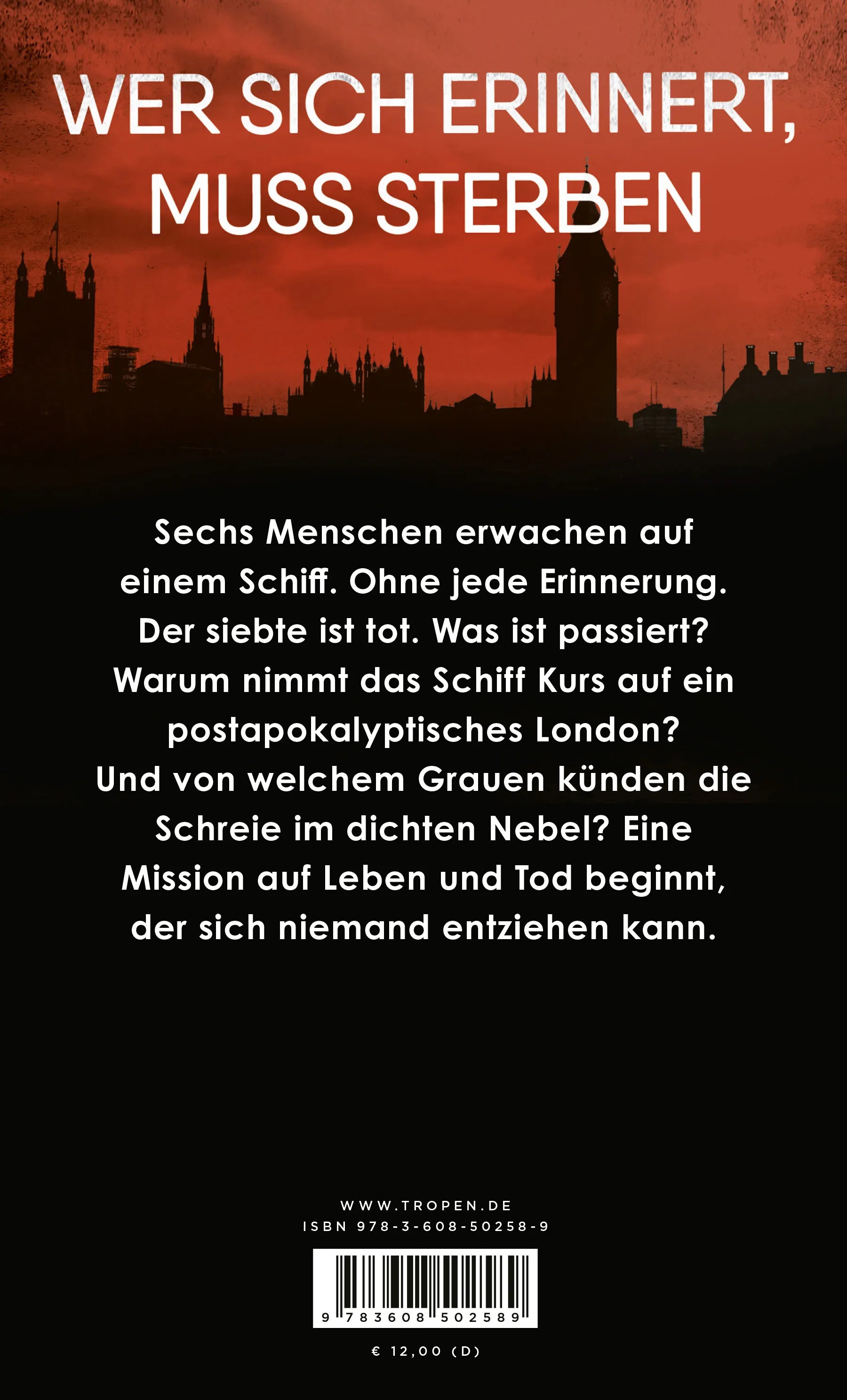 Buchrückseite von 'Ein Fluss so rot und schwarz' mit Klappentext - Taschenbuch