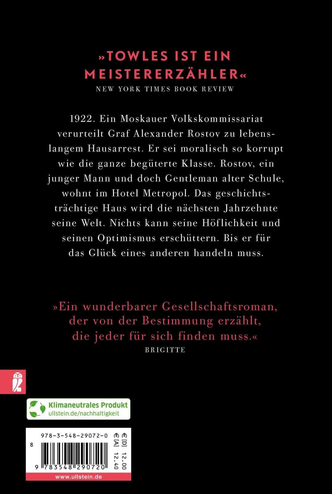 Buchrückseite von 'Ein Gentleman in Moskau' mit Klappentext - Taschenbuch