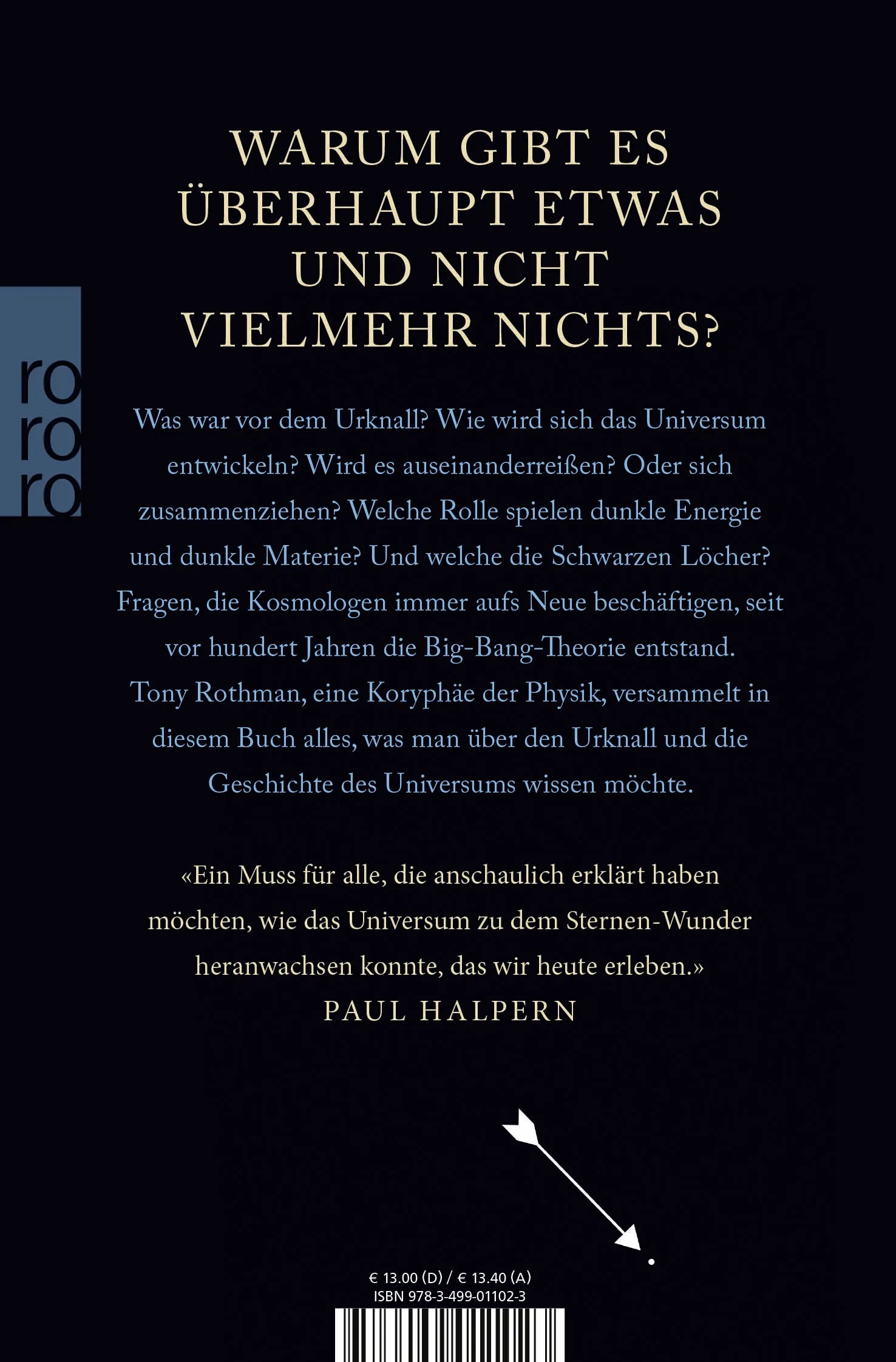 Buchrückseite von 'Ein kleines Buch über den Ursprung des Universums' mit Klappentext - Taschenbuch