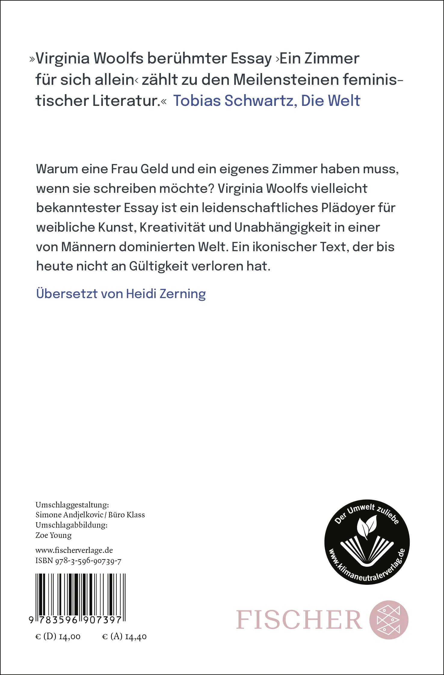 Buchrückseite von 'Ein Zimmer für sich allein' mit Klappentext - Taschenbuch