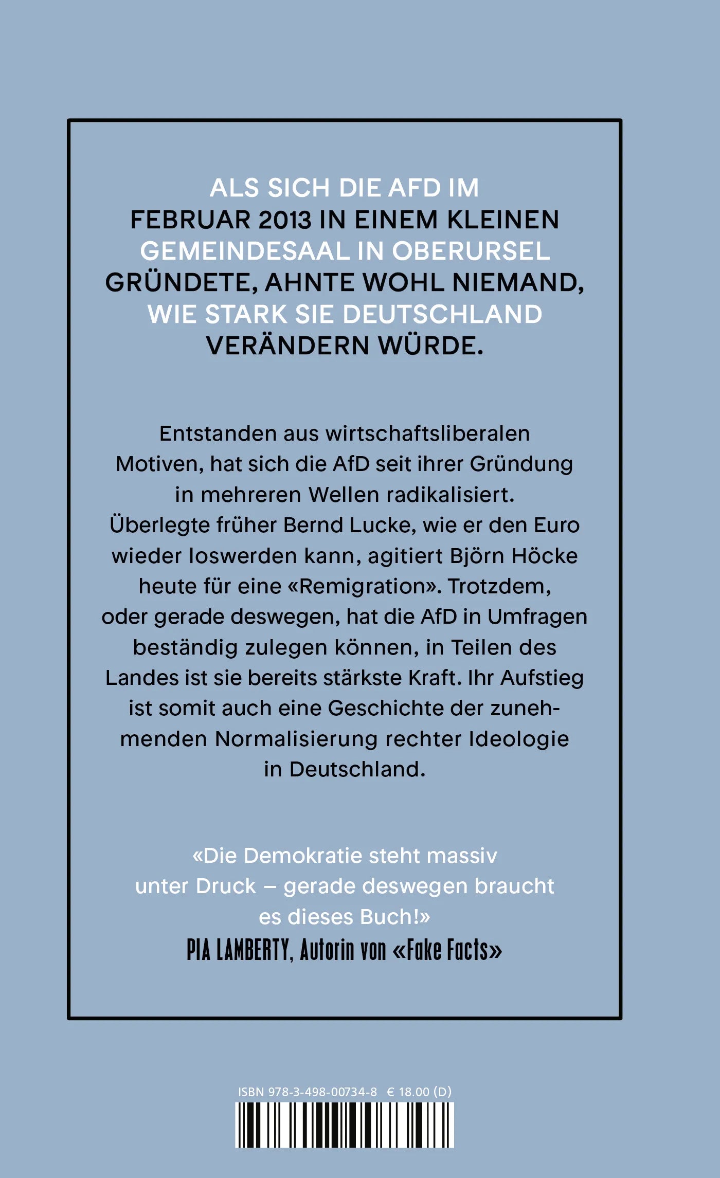 Buchrückseite von 'Eine kurze Geschichte der AfD' mit Klappentext - Gebundene Ausgabe