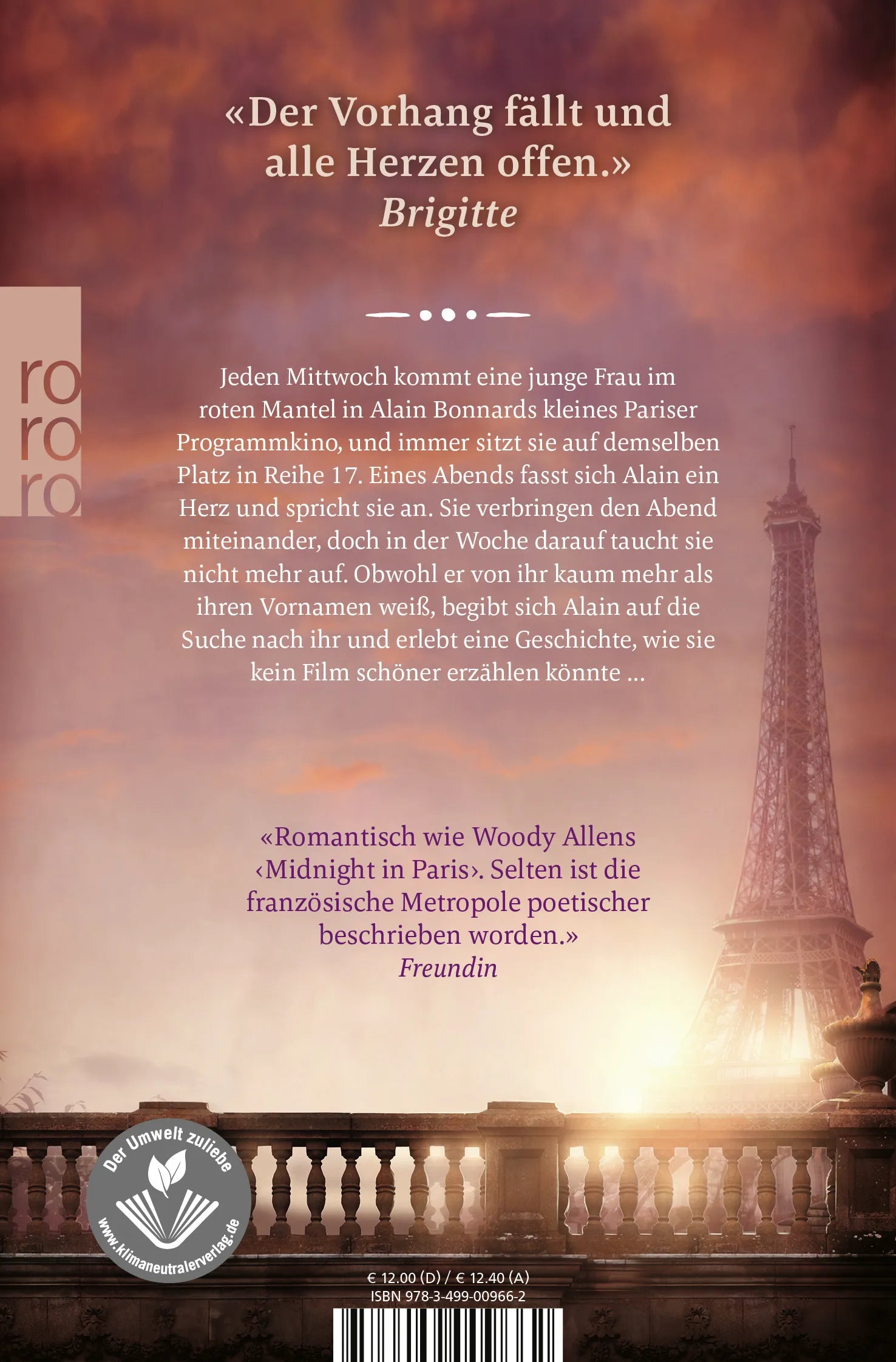 Buchrückseite von 'Eines Abends in Paris' mit Klappentext - Taschenbuch