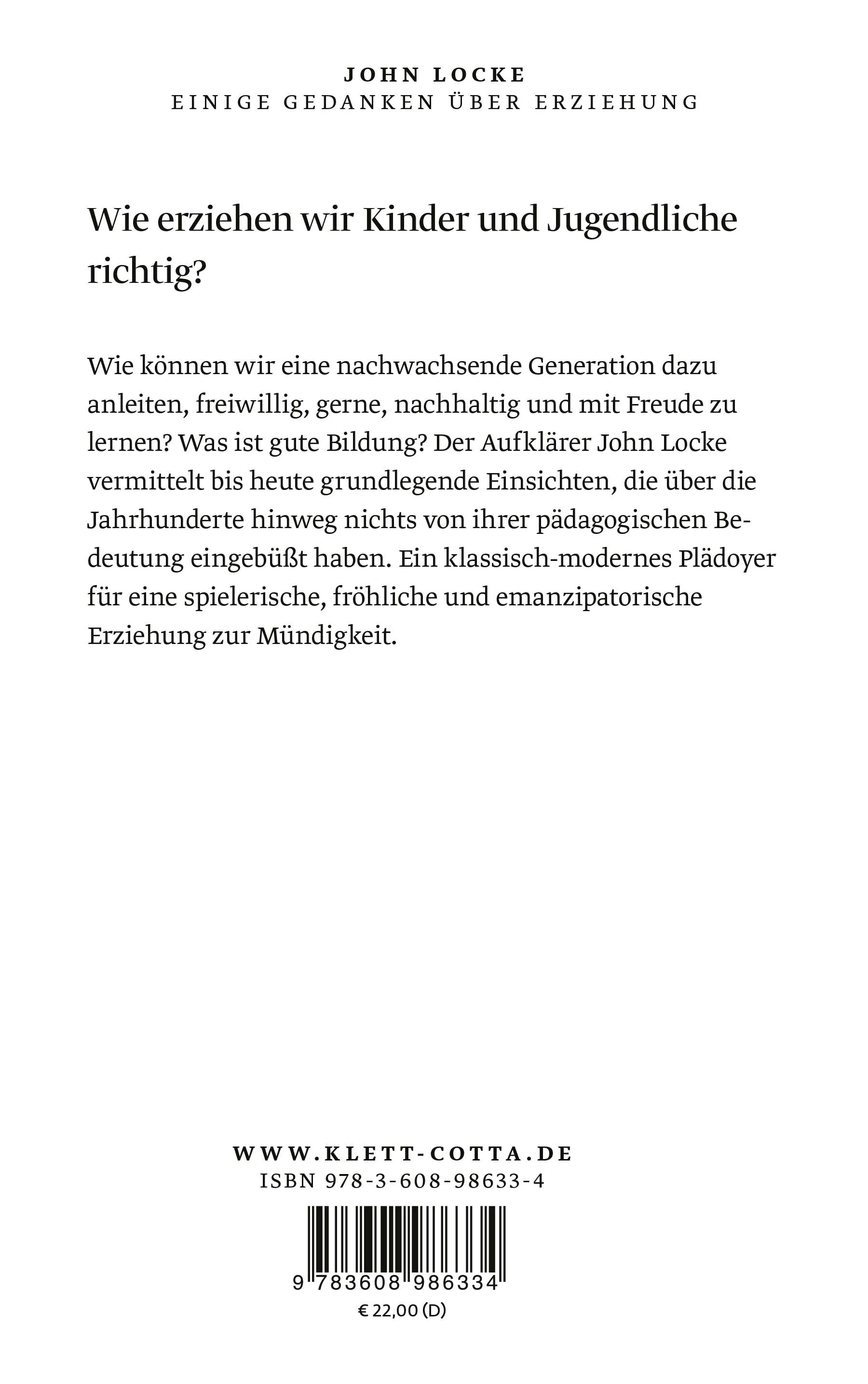 Buchrückseite von 'Einige Gedanken über Erziehung' mit Klappentext - Paperback