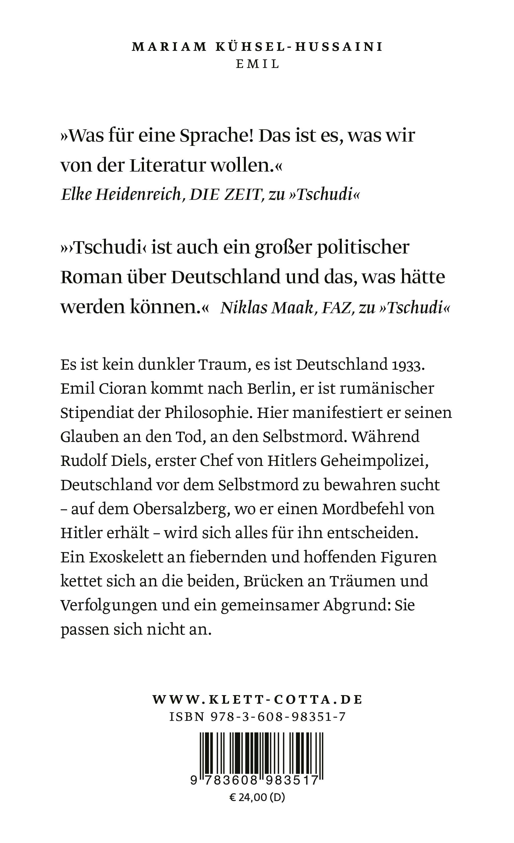 Buchrückseite von 'EMIL' mit Klappentext - Gebundene Ausgabe
