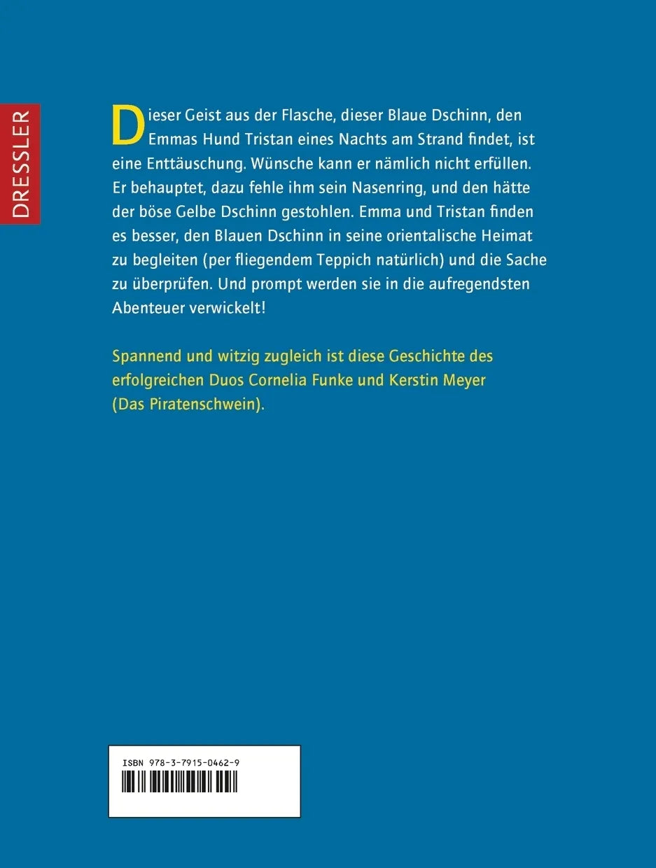 Buchrückseite von 'Emma und der Blaue Dschinn' mit Klappentext - Gebundene Ausgabe