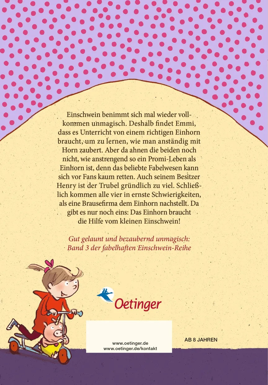Buchrückseite von 'Emmi & Einschwein 3. Ganz vorn mit Horn!' mit Klappentext - Gebundene Ausgabe