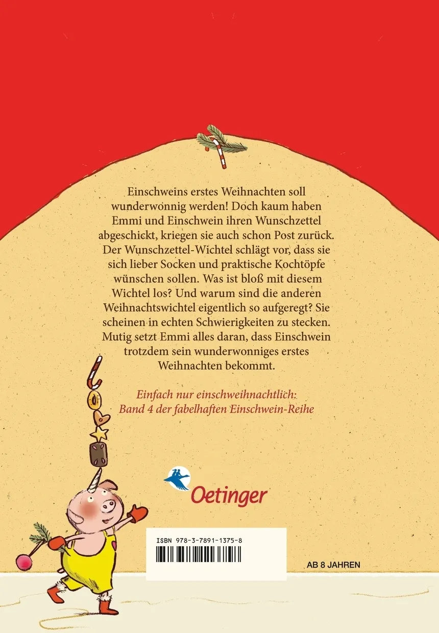 Buchrückseite von 'Emmi & Einschwein 4. Kein Weihnachten ohne Puddingschuhe!' mit Klappentext - Gebundene Ausgabe
