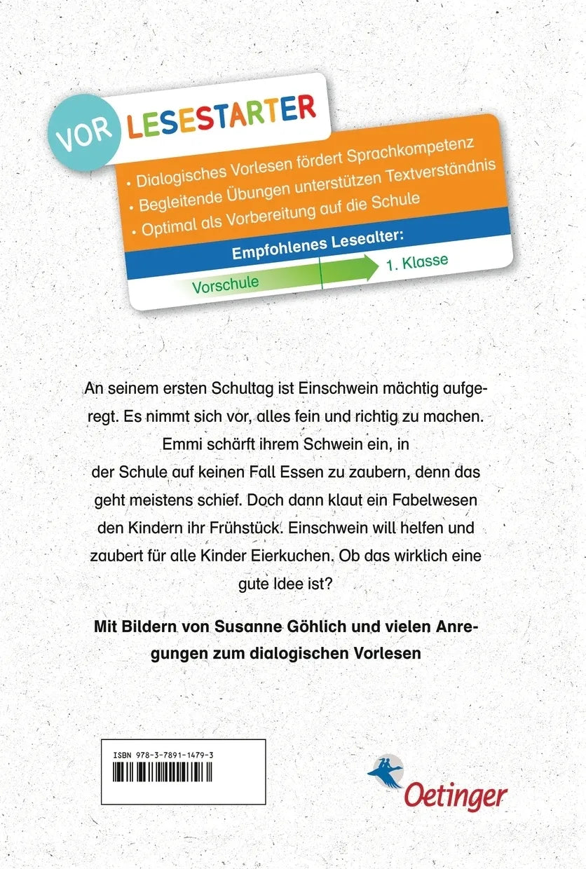Buchrückseite von 'Emmi & Einschwein. Schulstart mit Eierkuchen' mit Klappentext - Gebundene Ausgabe