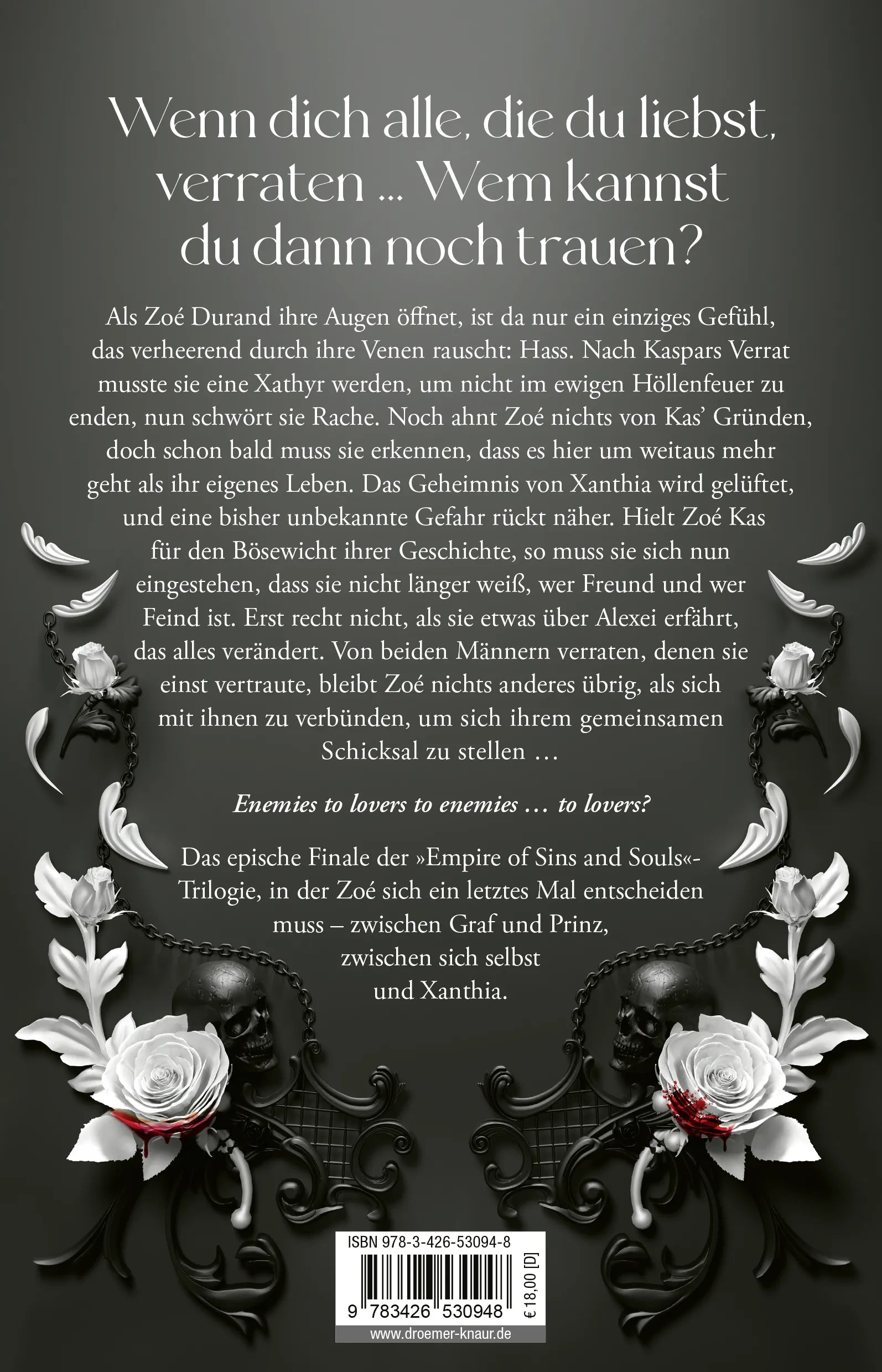 Buchrückseite von 'Empire of Sins and Souls 3 - Das zerrissene Herz' mit Klappentext - Paperback