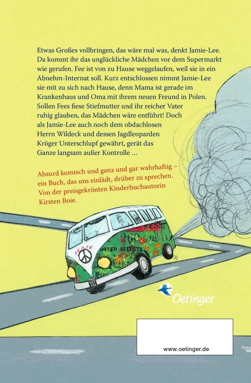 Buchrückseite von 'Entführung mit Jagdleopard' mit Klappentext - Taschenbuch