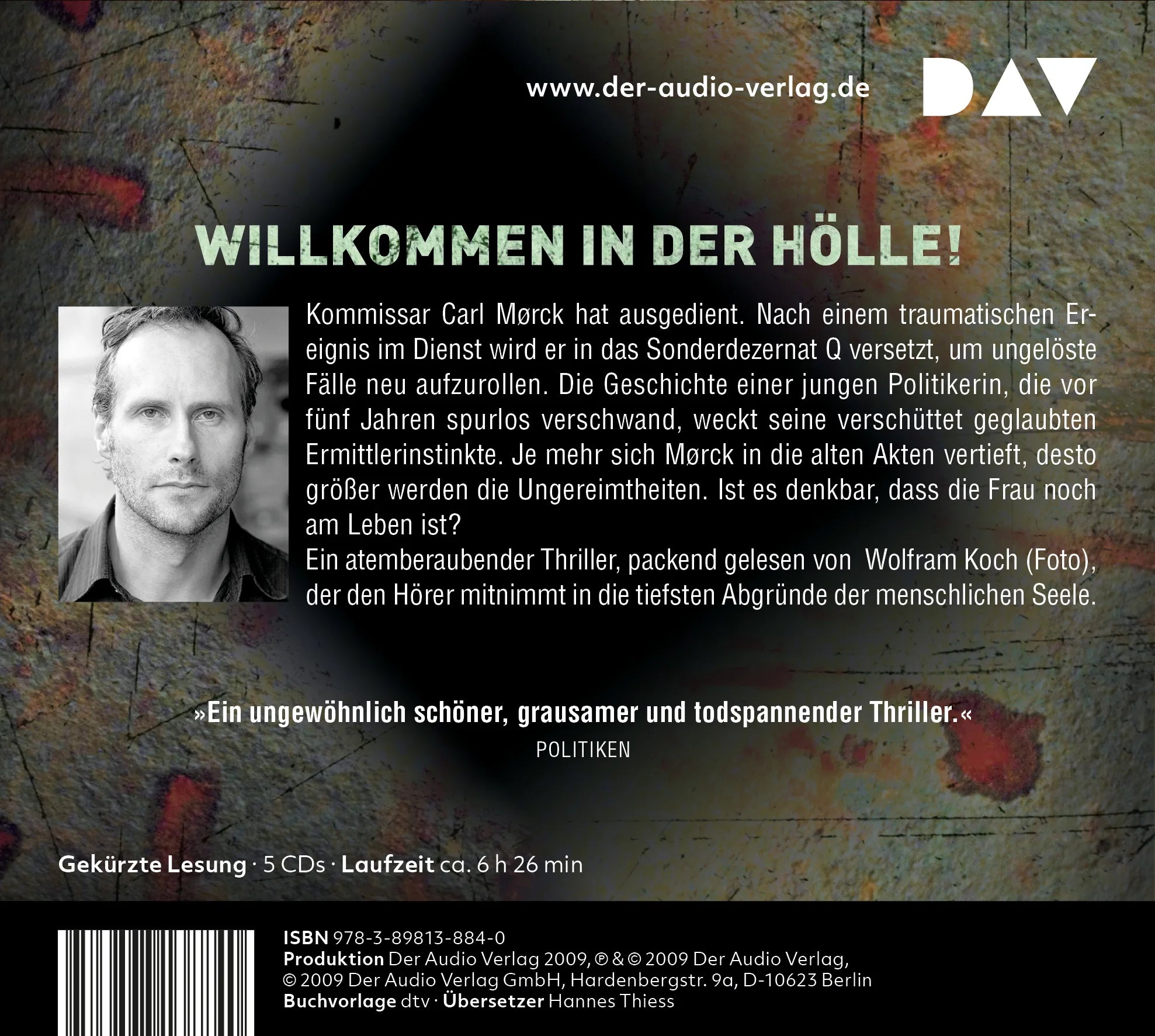 Buchrückseite von 'Erbarmen. Der erste Fall für Carl Mørck, Sonderdezernat Q' mit Klappentext - Hörbuch (CD)