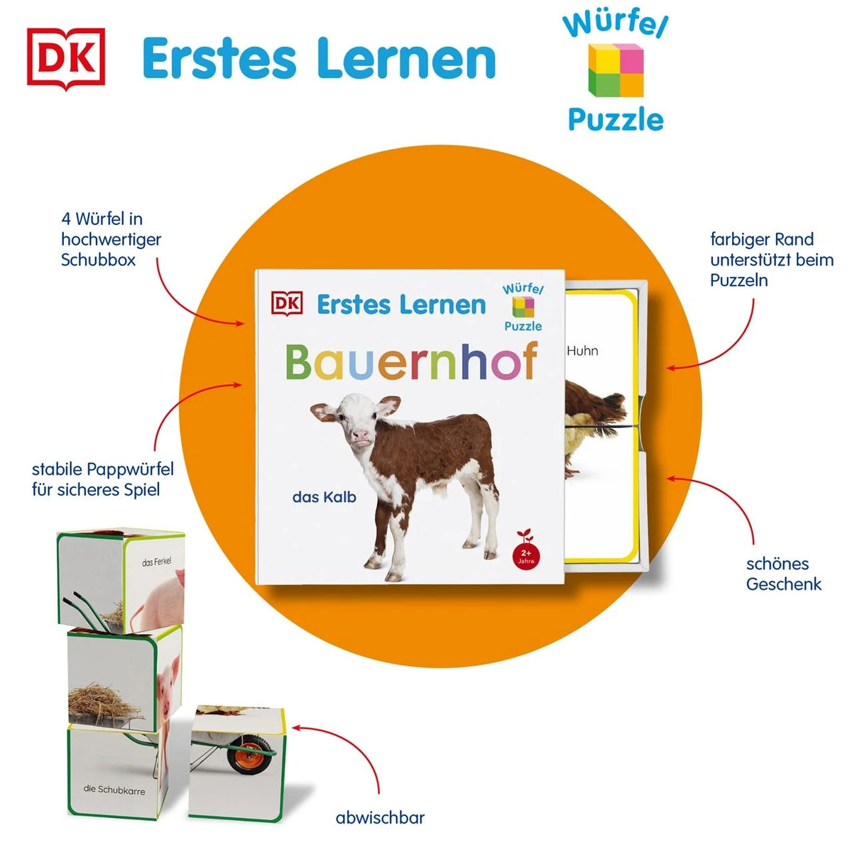 Erstes Lernen Würfelpuzzle. Bauernhof – Ansicht