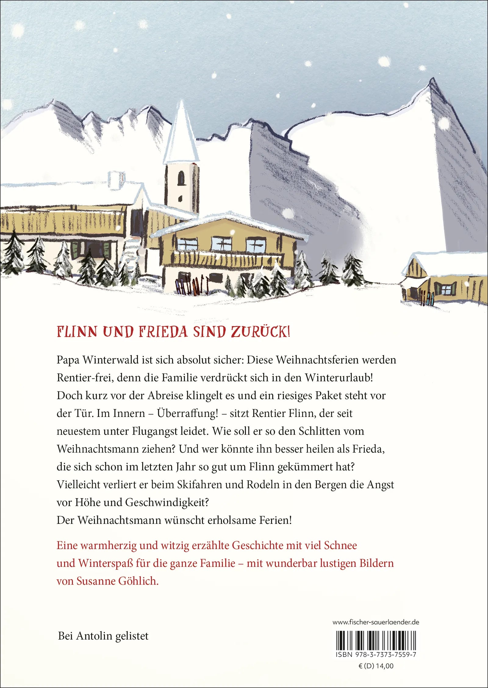 Buchrückseite von 'Es düst ein Rentier durch den Schnee' mit Klappentext - Gebundene Ausgabe