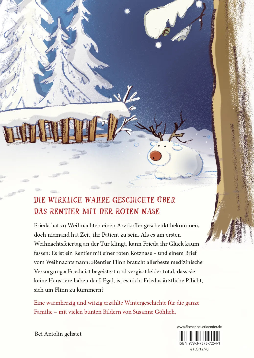 Buchrückseite von 'Es niest ein Rentier vor der Tür' mit Klappentext - Gebundene Ausgabe