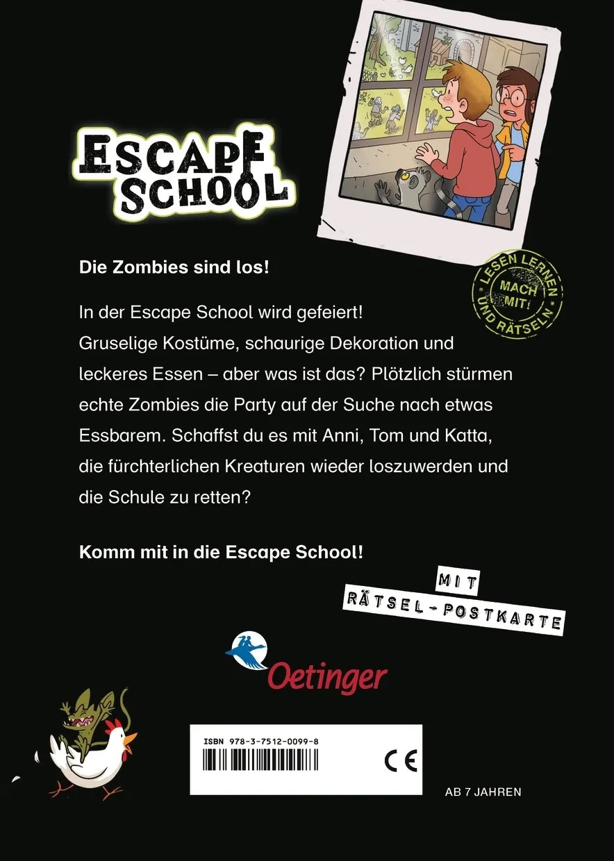 Buchrückseite von 'Escape School 4. Achtung, Zombies!' mit Klappentext - Gebundene Ausgabe