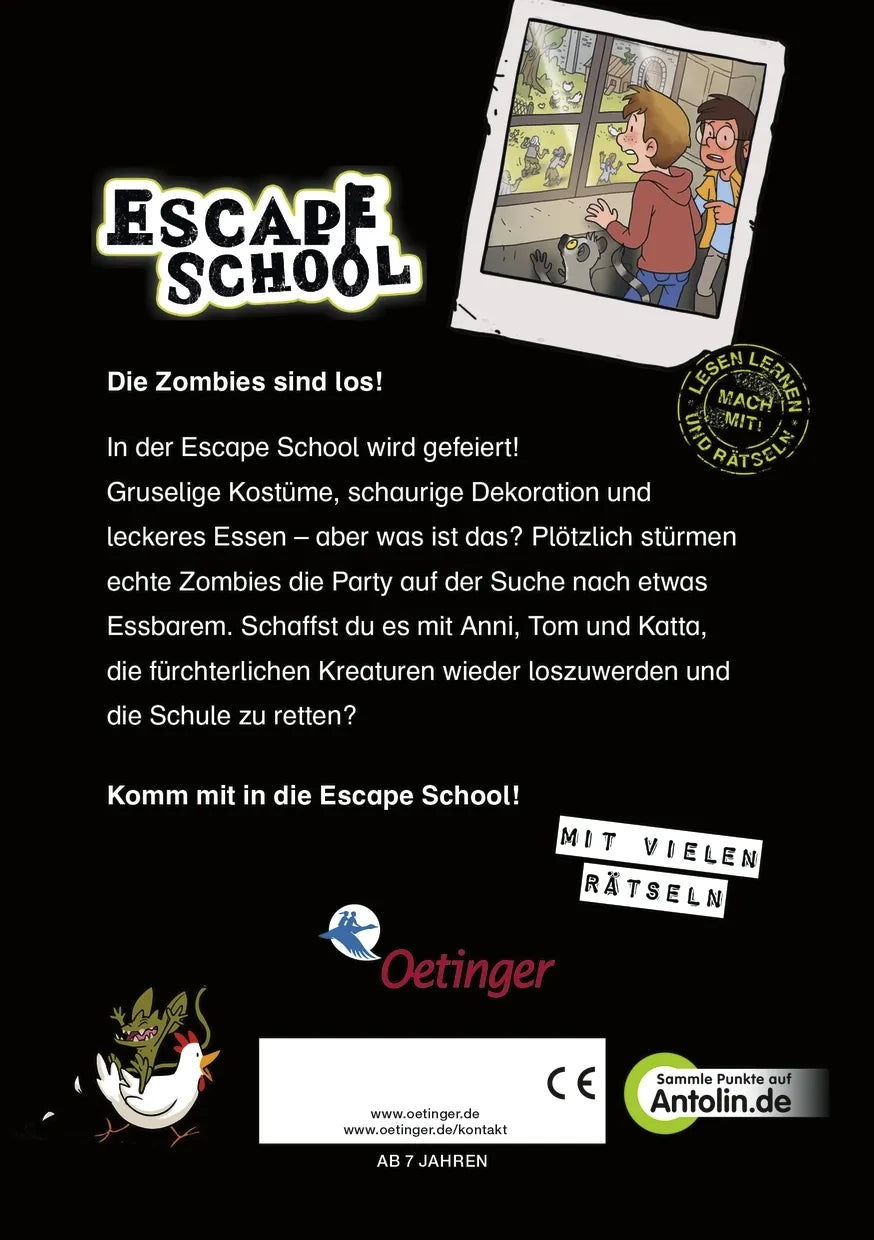 Buchrückseite von 'Escape School 4. Achtung, Zombies!' mit Klappentext - Taschenbuch