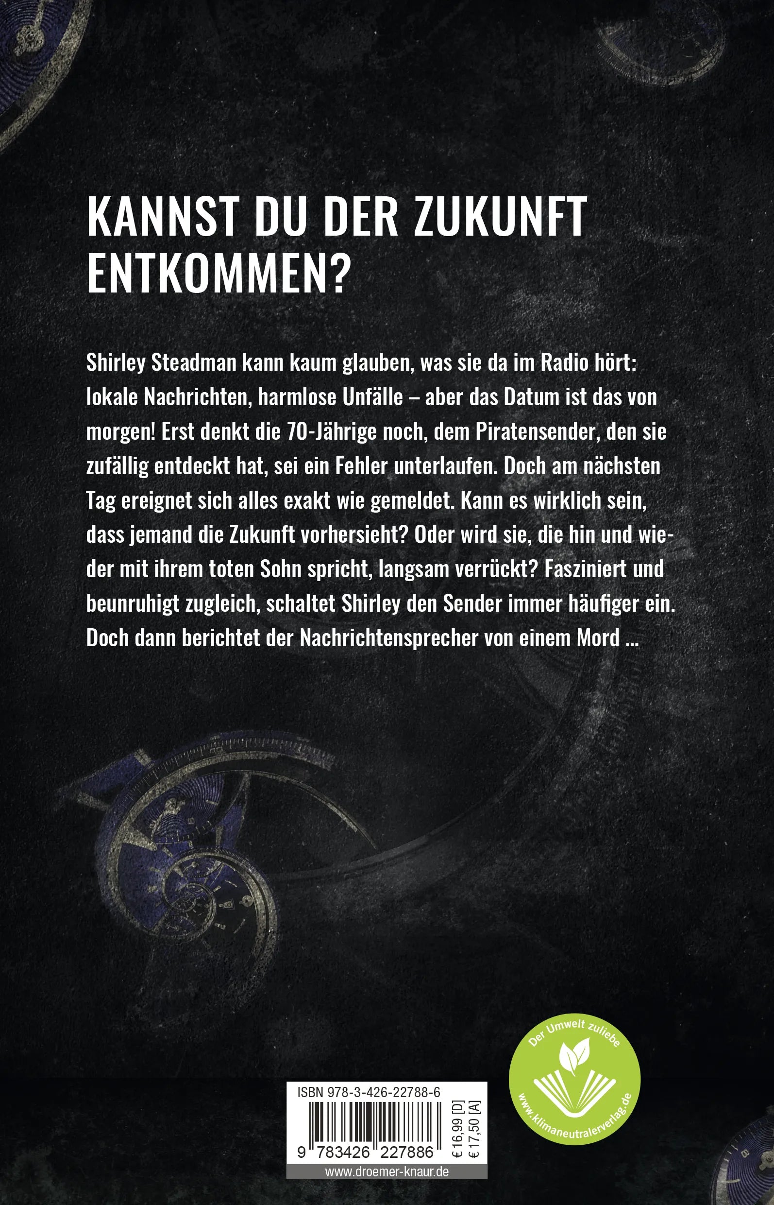 Buchrückseite von 'Escape Time - Die Morde von morgen' mit Klappentext - Paperback