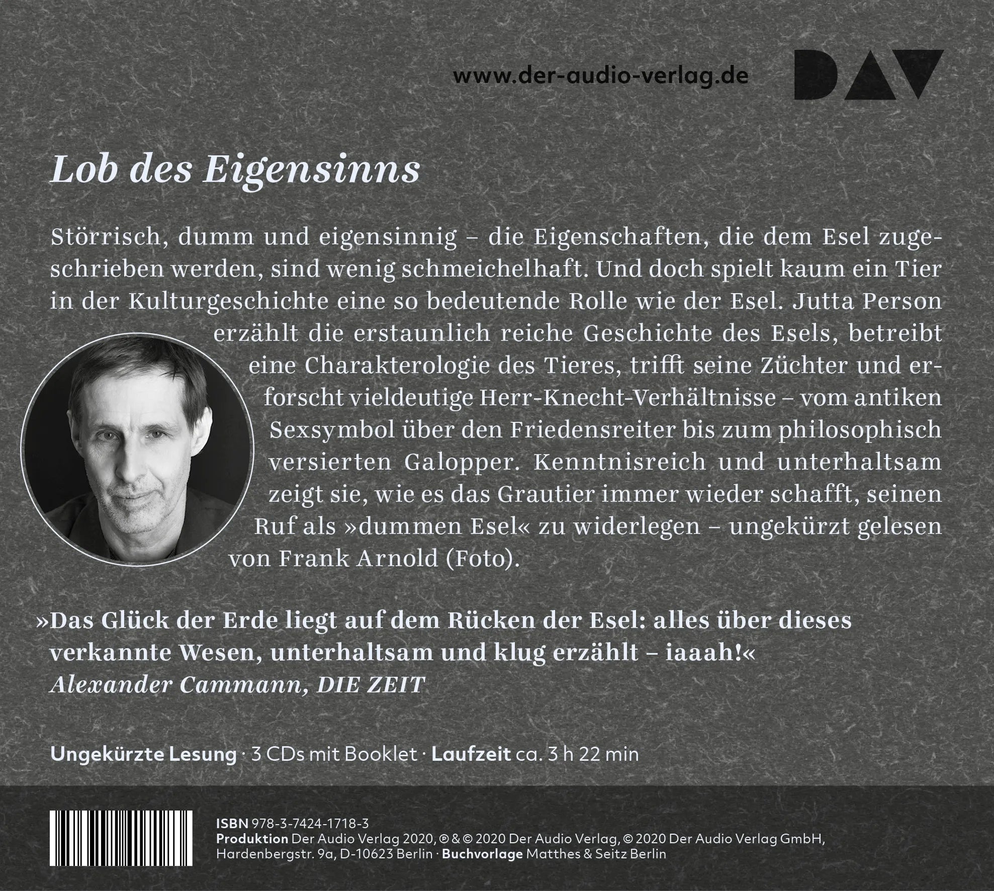 Buchrückseite von 'Esel. Ein Portrait' mit Klappentext - Hörbuch (CD)
